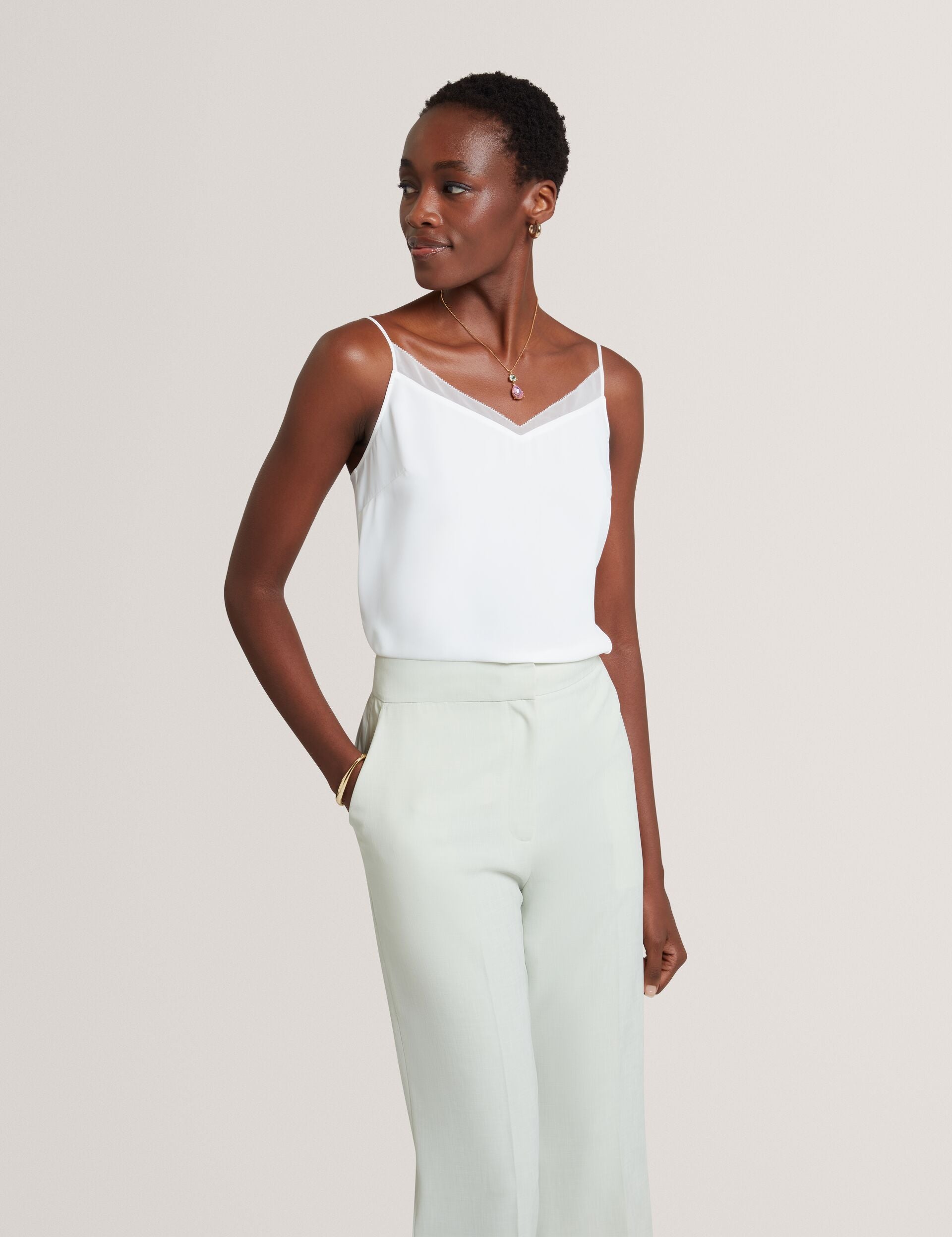 Women LULEA Chiffon Detail V-Neck Strappy Cami Top in Ivory - Ted Baker