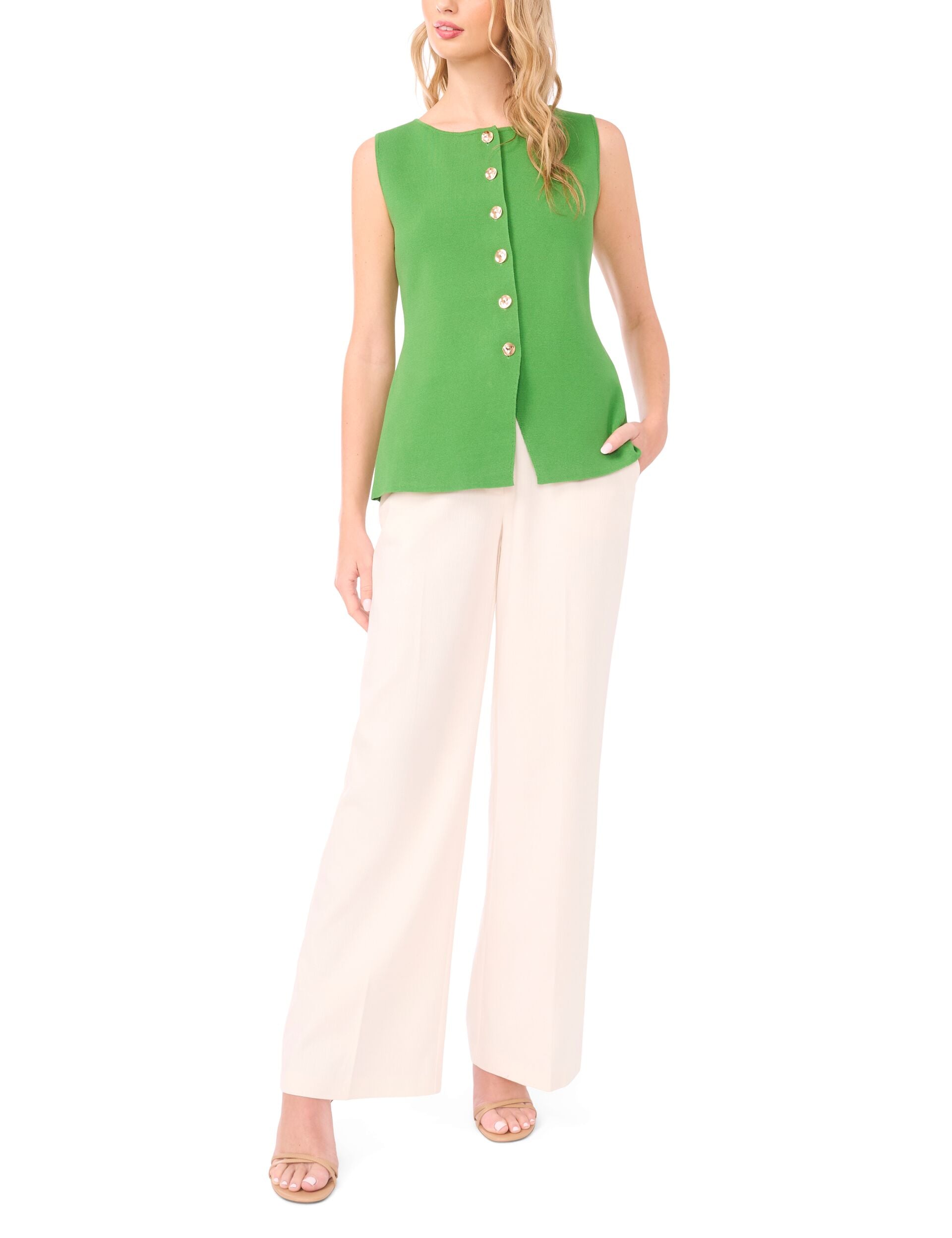 Women Sleeveless Button Down - Crew Neck Button Down With Novelty Button - Ted Baker