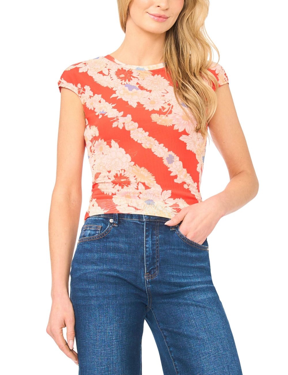 Women JODIE Floral Stripe Cap Sleeve Fitted T-Shirt - Ted Baker