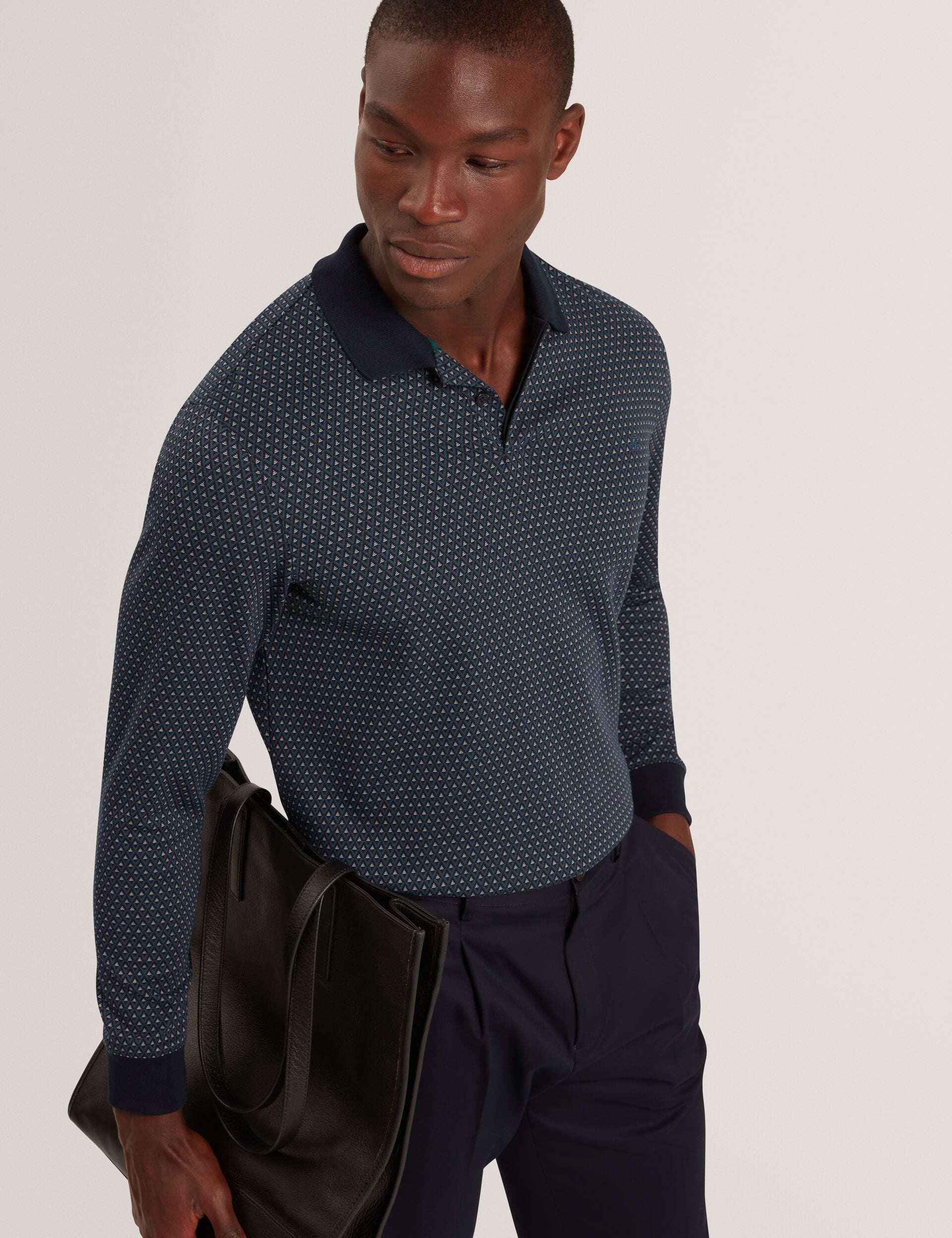 Sale|Men DURAND Micro Geo Jacquard Long Sleeve Polo - Ted Baker