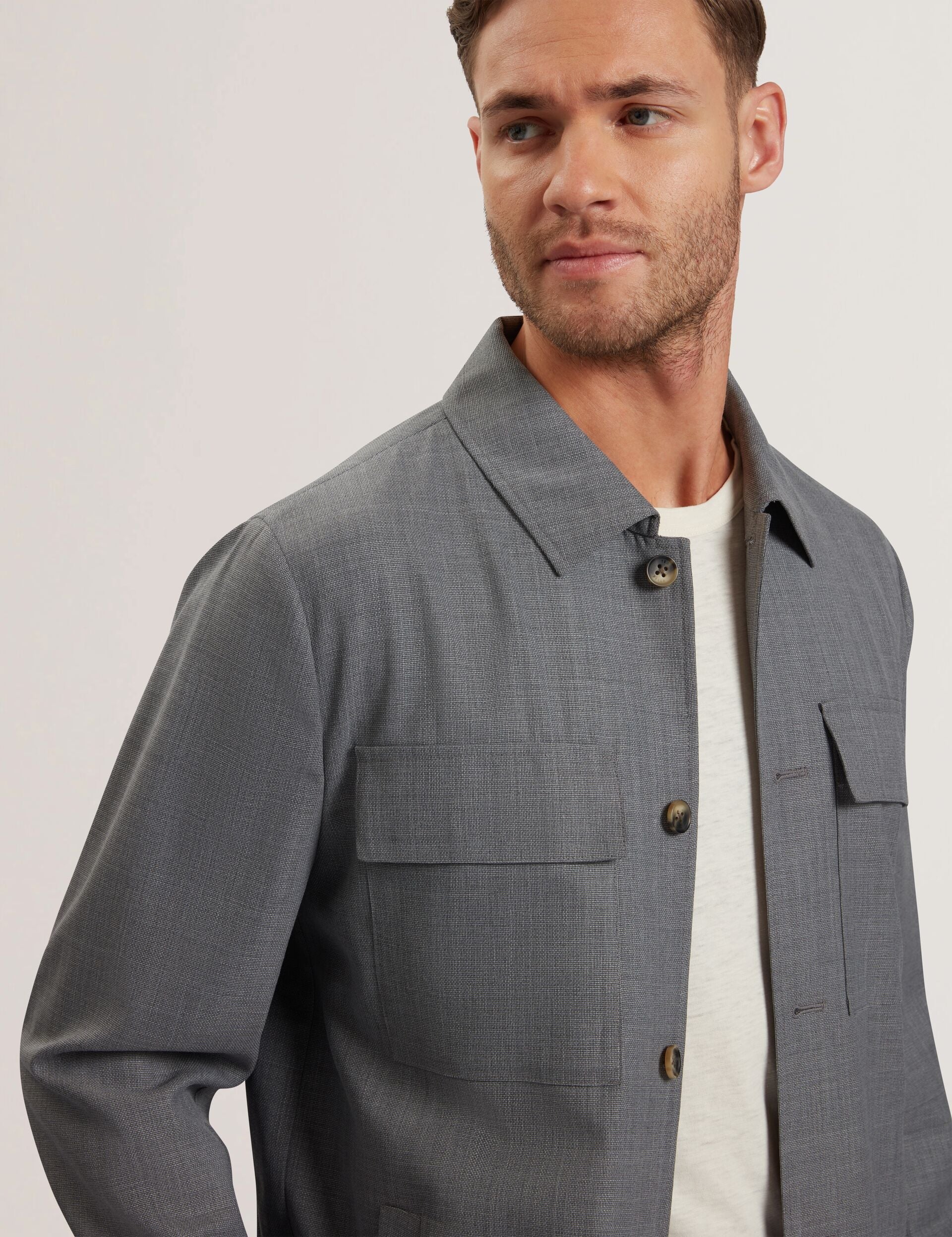 Men SELWYNJ - Grey Lightweight Wool Blend Shirt Jacket - Ted Baker