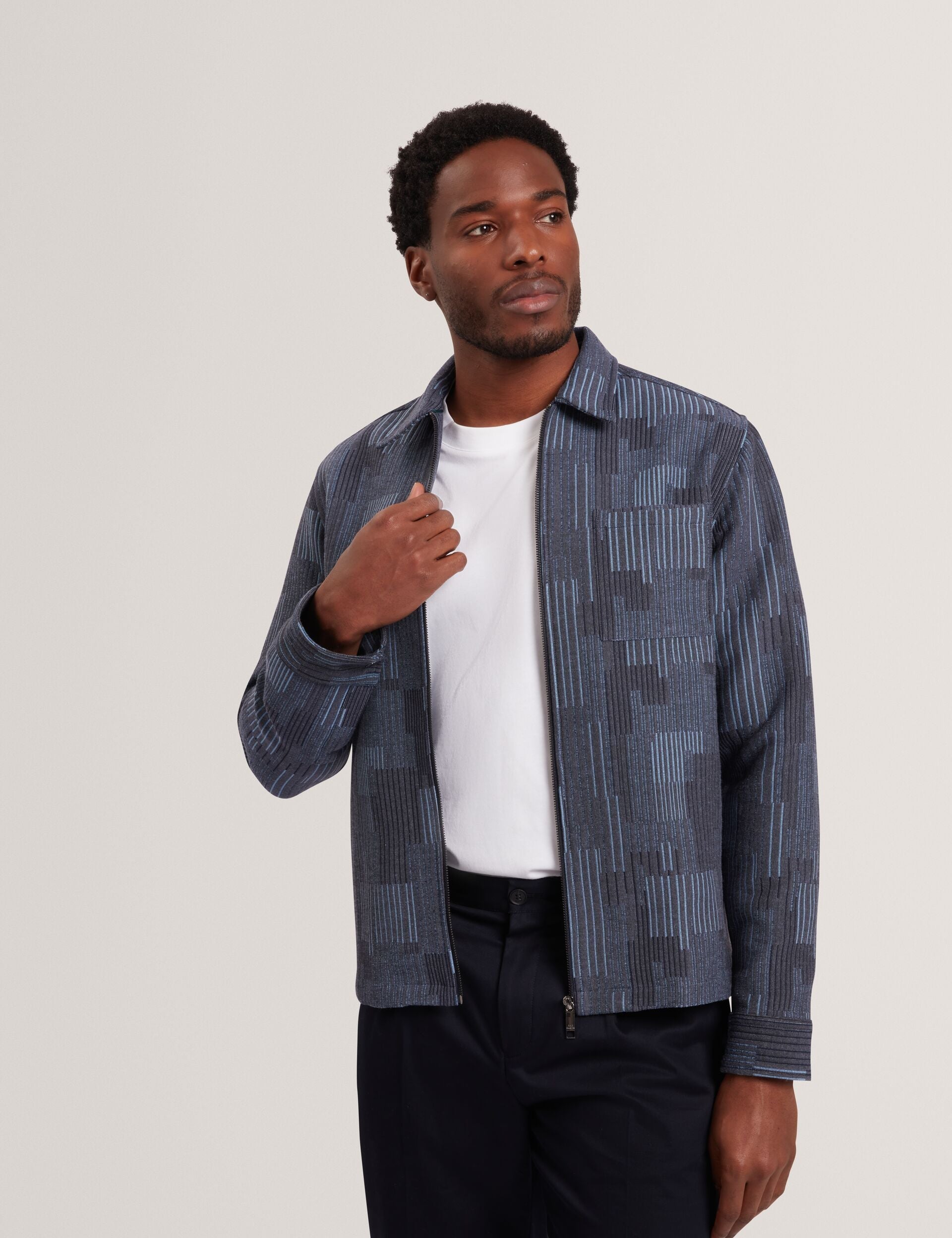 Men IWOJAN Mixed Weave Stripe Zip-Through Overshirt - Ted Baker