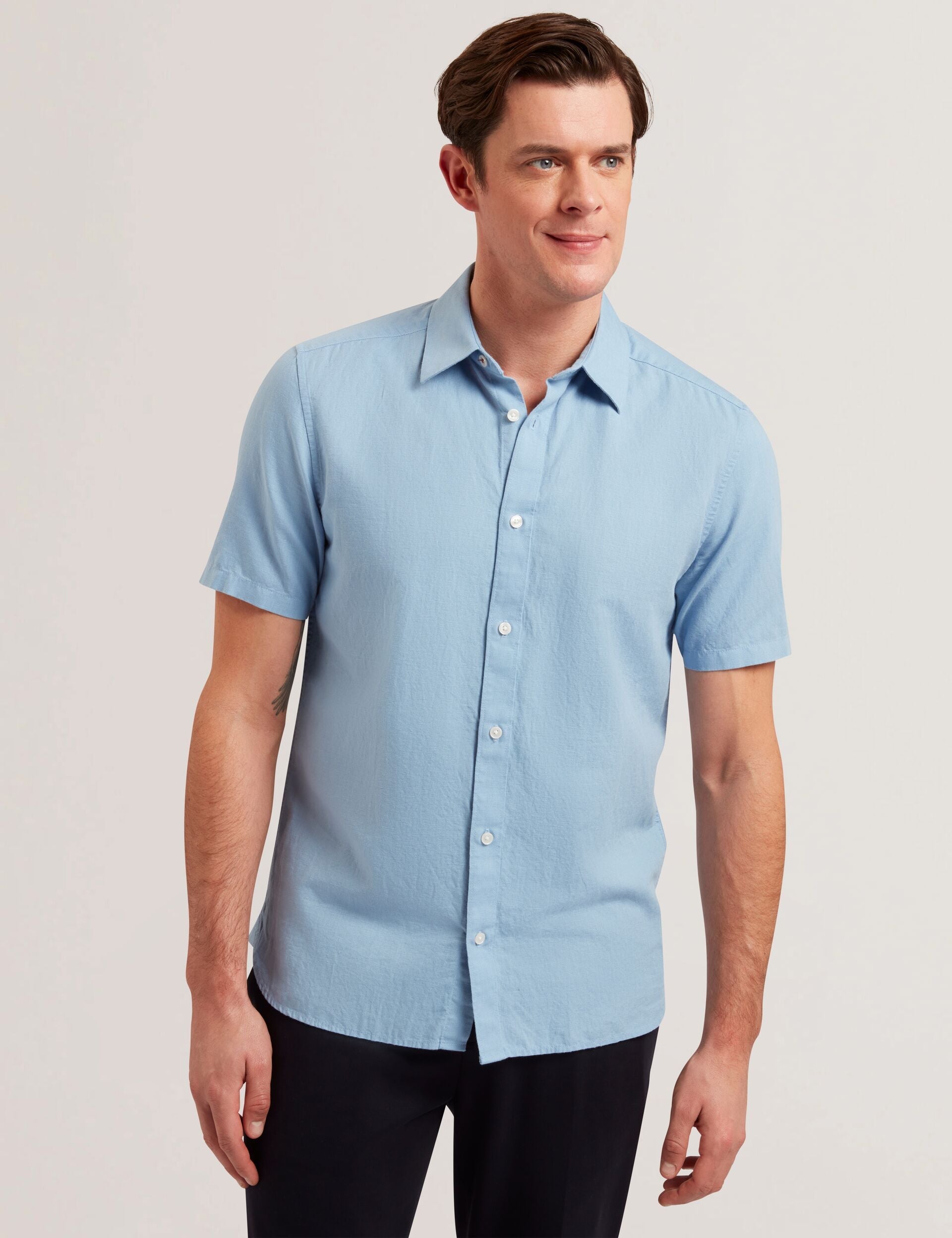 Men ZEFRE - Blue Short Sleeve Linen Woven Shirt - Ted Baker