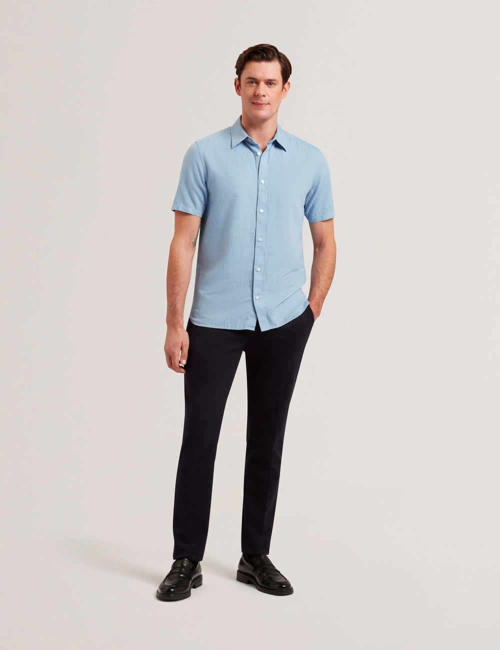 Men ZEFRE - Blue Short Sleeve Linen Woven Shirt - Ted Baker
