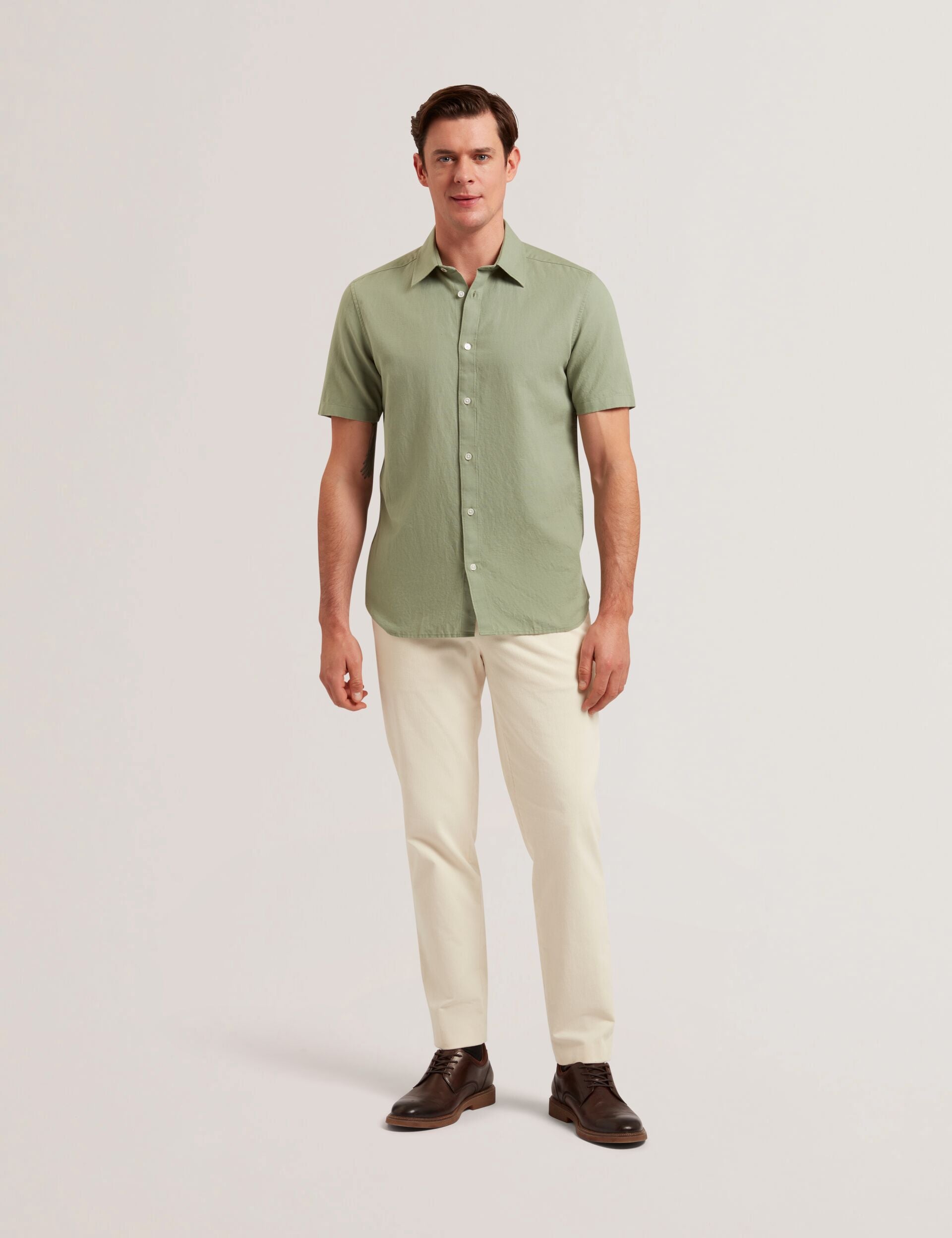 Men ZEFRE - Green Short Sleeve Linen Woven Shirt - Ted Baker