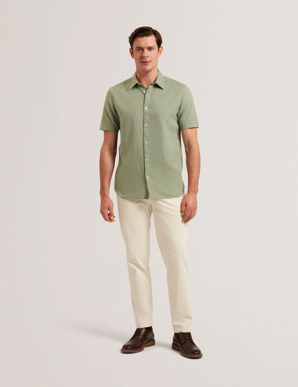 Men ZEFRE - Green Short Sleeve Linen Woven Shirt - Ted Baker