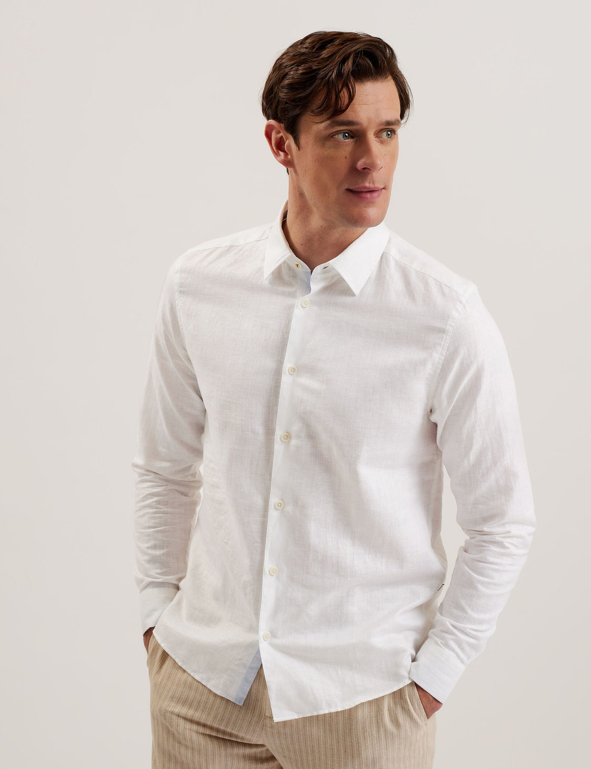 Men ROMEOS - White Regular Fit Cotton Linen Long Sleeve Shirt - Ted Baker