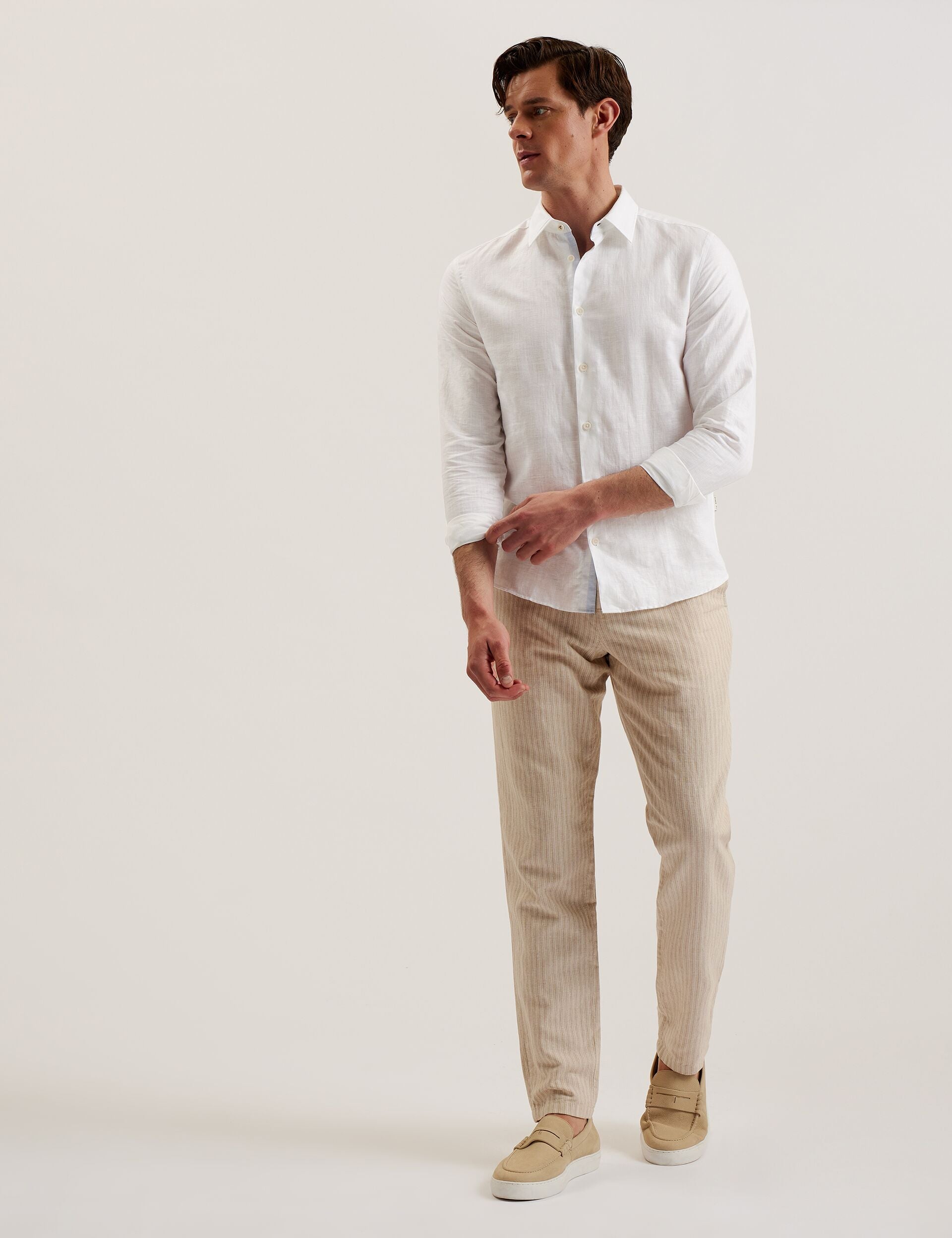 Men ROMEOS - White Regular Fit Cotton Linen Long Sleeve Shirt - Ted Baker