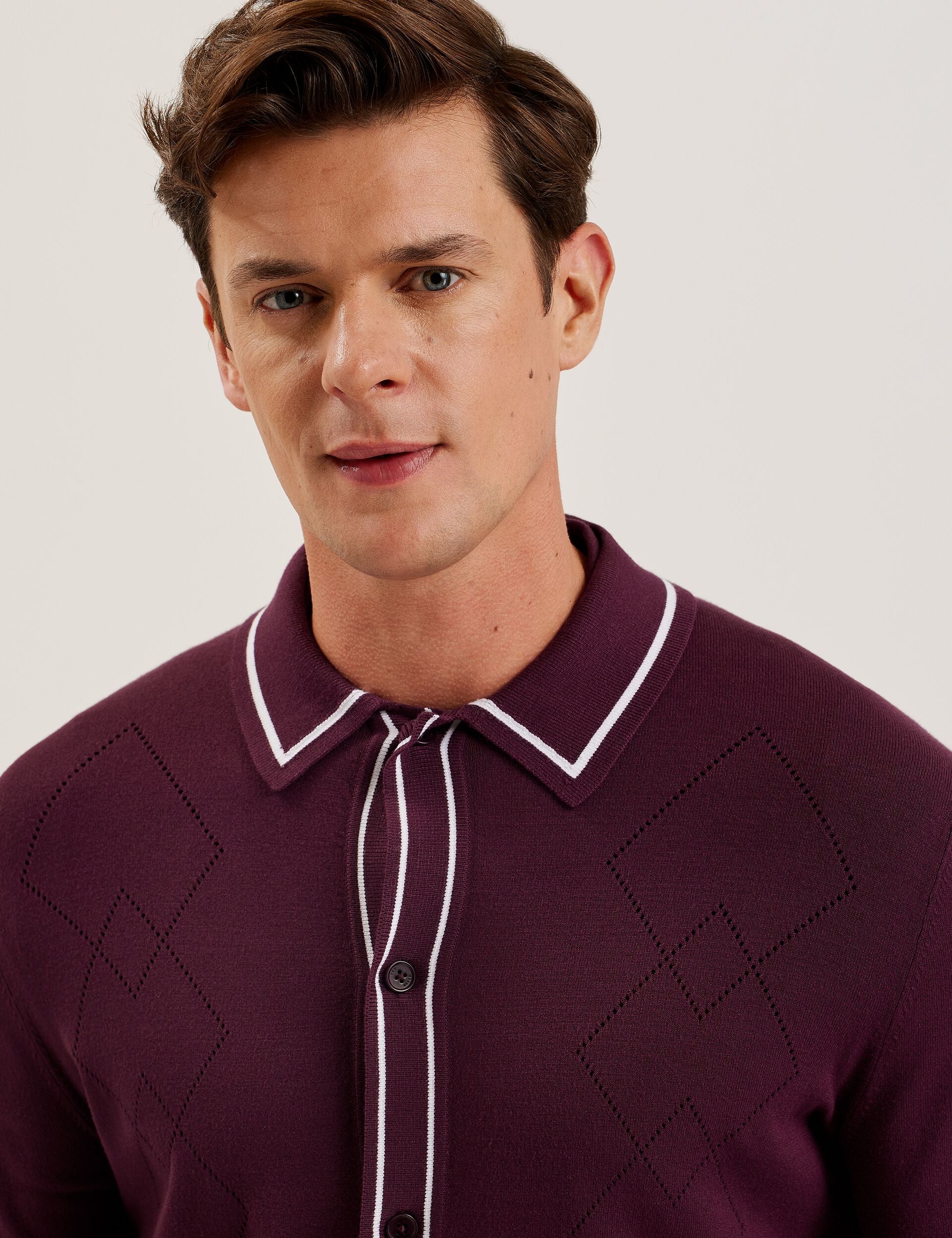 Men ELMDON - Pointelle Diamond Knitted Long Sleeve Shirt - Ted Baker