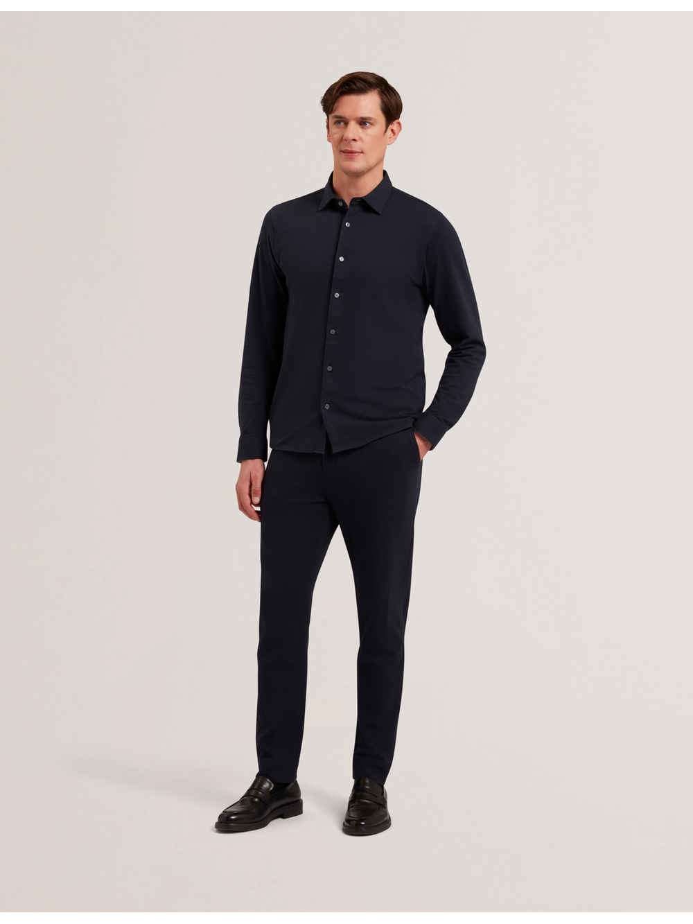 Men LUCKEY - Long Sleeve Pique Cotton Jersey Shirt - Ted Baker