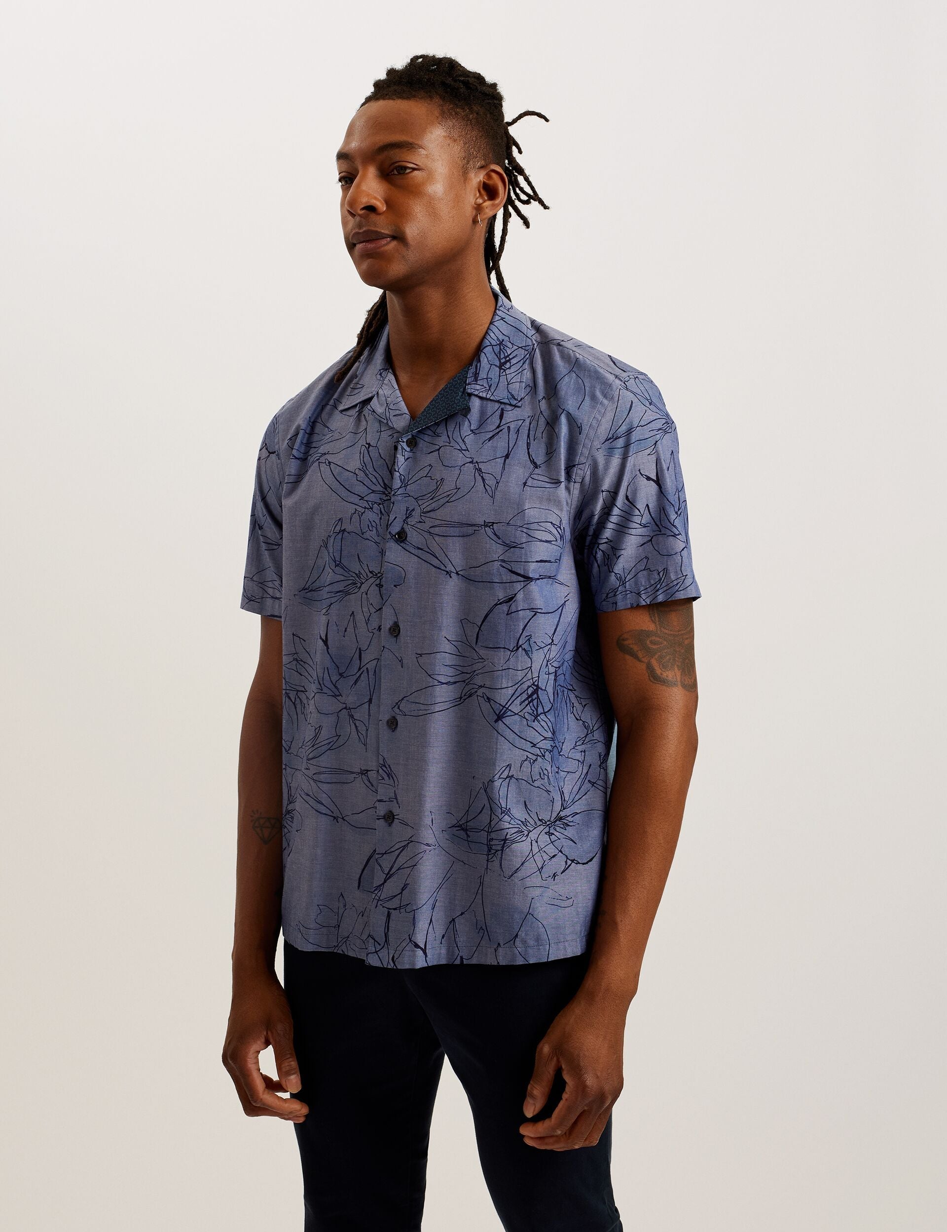 Men TERRONI - Short Sleeve Floral Chambray Cotton Shirt - Ted Baker