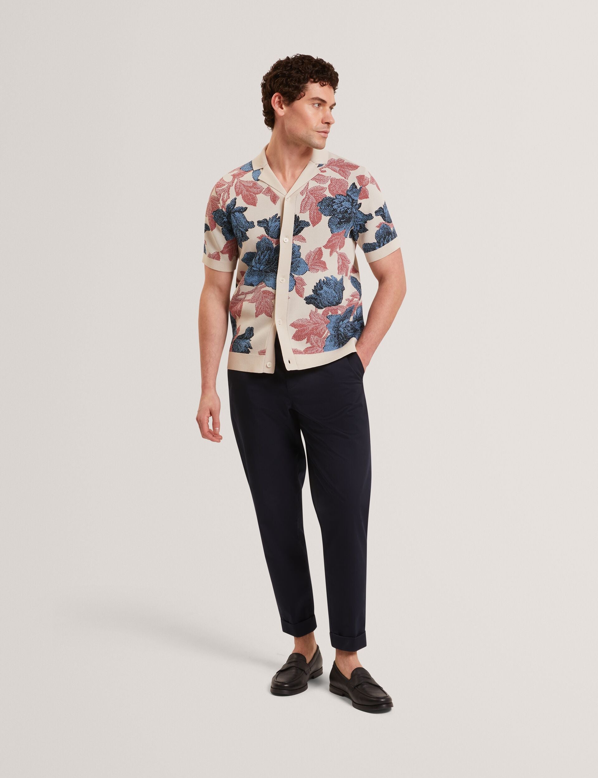 Men ASHQARA Shaded Floral Knit Button-Through Polo Shirt - Ted Baker