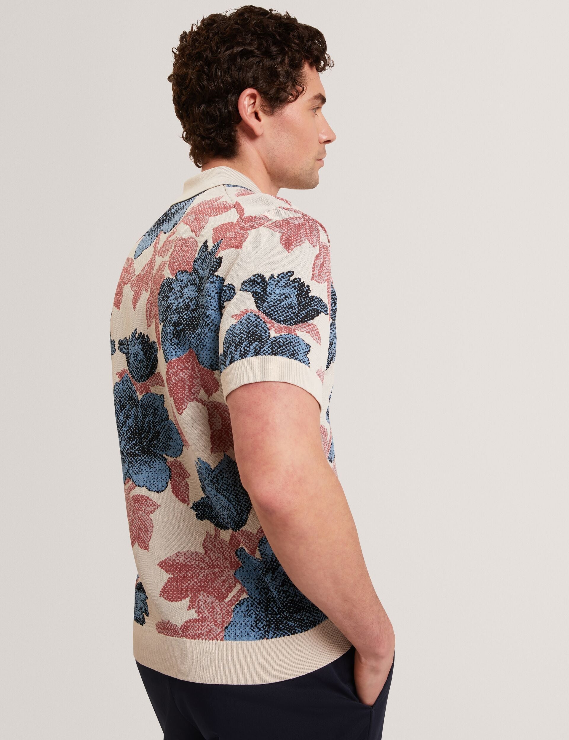 Men ASHQARA Shaded Floral Knit Button-Through Polo Shirt - Ted Baker