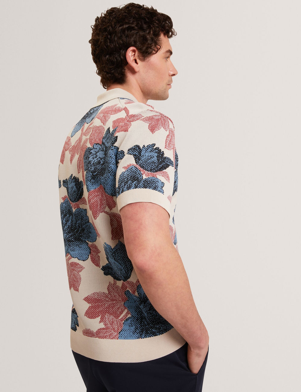 Men ASHQARA Shaded Floral Knit Button-Through Polo Shirt - Ted Baker