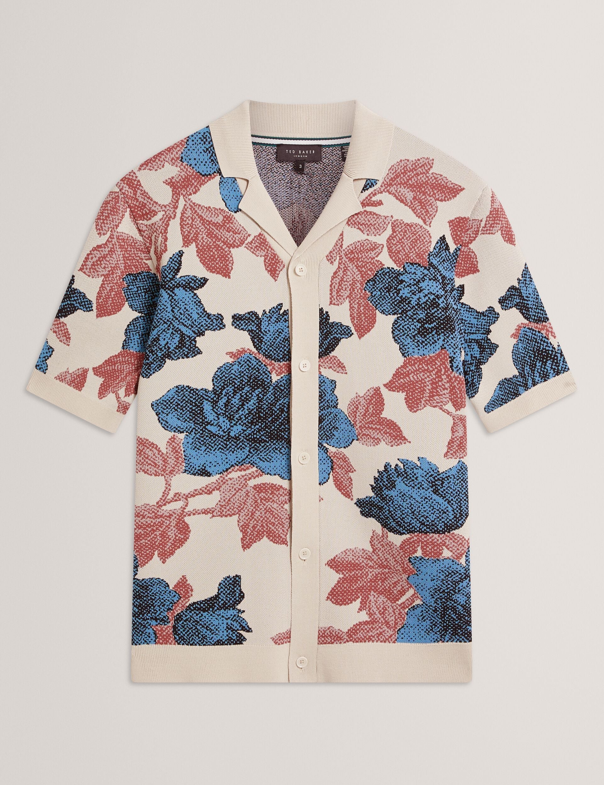 Men ASHQARA Shaded Floral Knit Button-Through Polo Shirt - Ted Baker