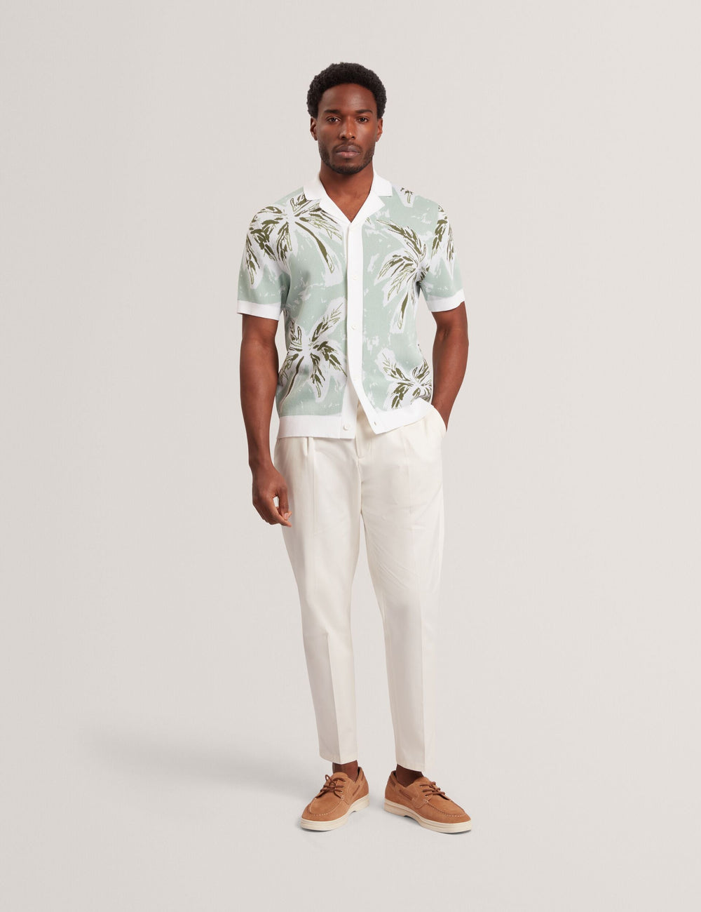 Men KYES - Leaf Print Knitted Short Sleeve Shirt - Ted Baker