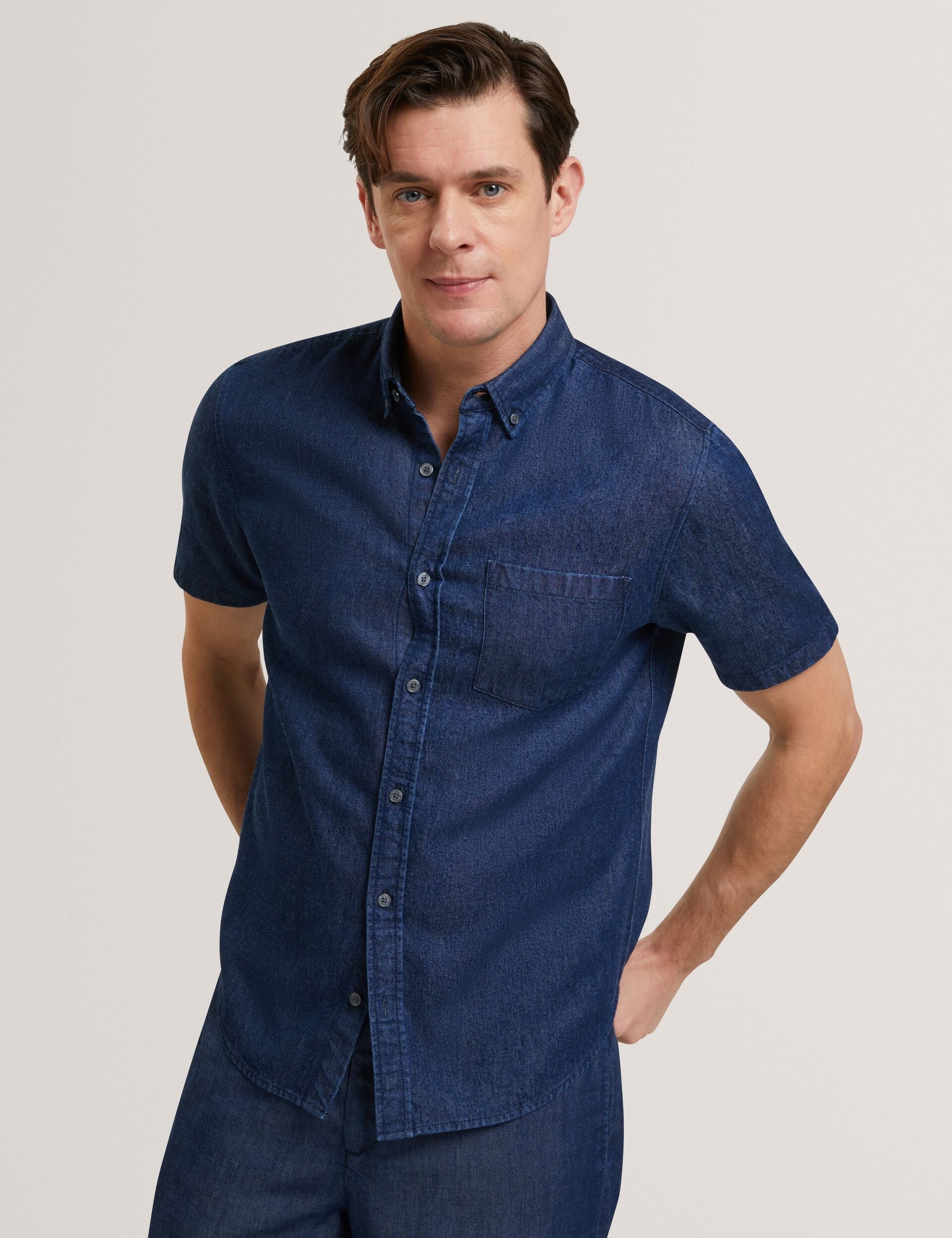 Men MIREK Regular Fit Chambray Short Sleeve Shirt - Ted Baker