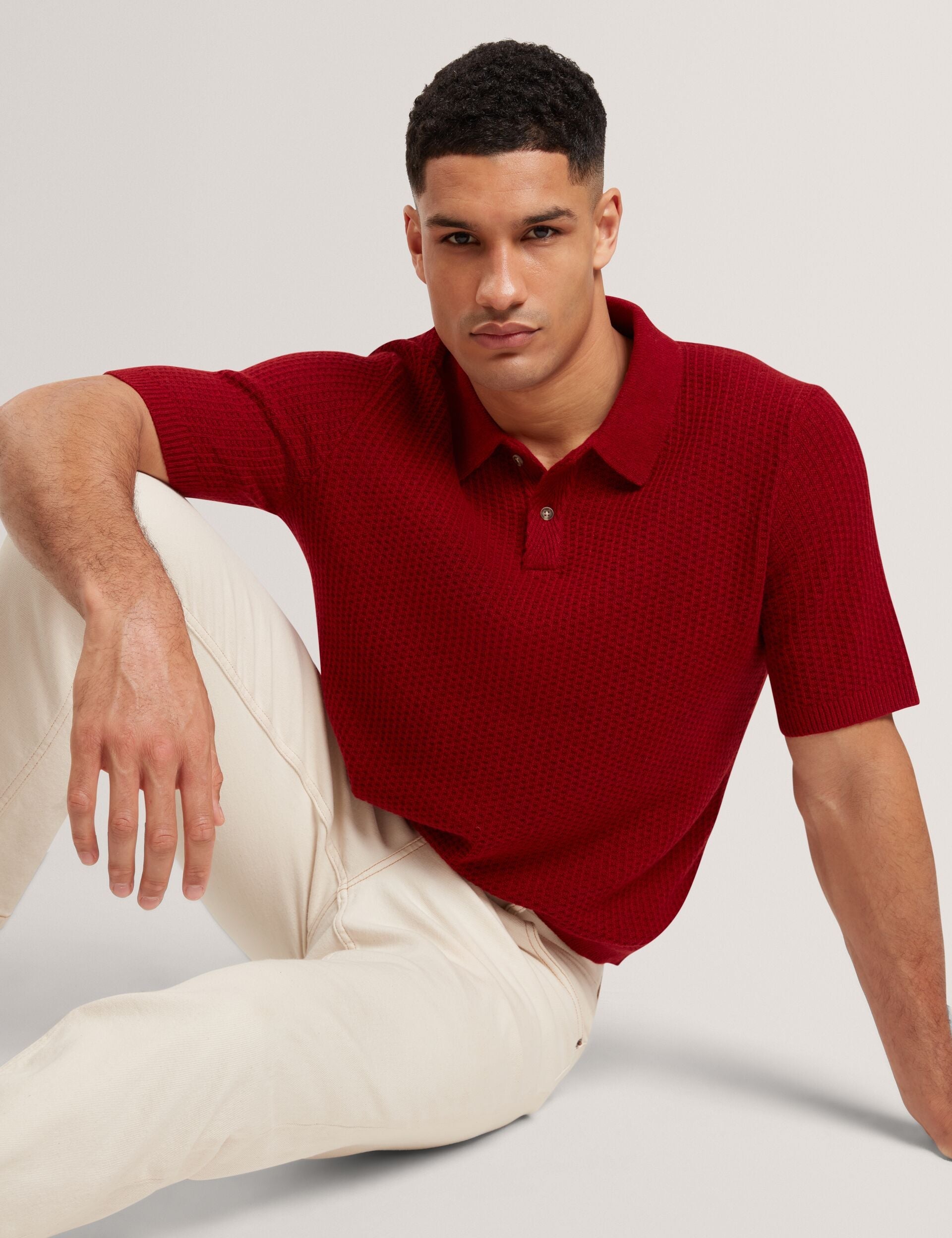 Men|Sale CAELUM Herringbone Texture Knit Short Sleeve Polo - Ted Baker