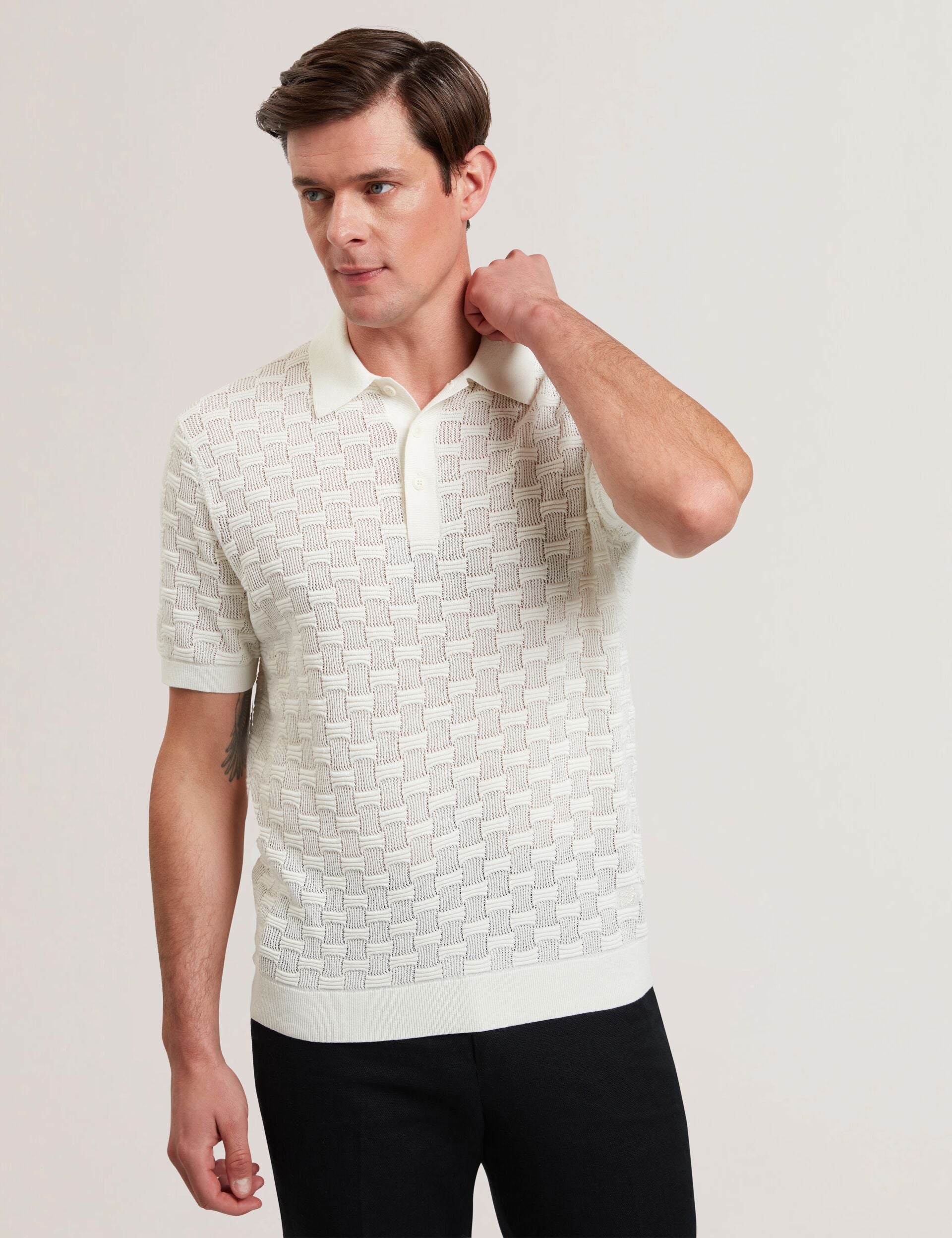 Men WATERBY - White Textured Knit Silk Cotton Polo Shirt - Ted Baker