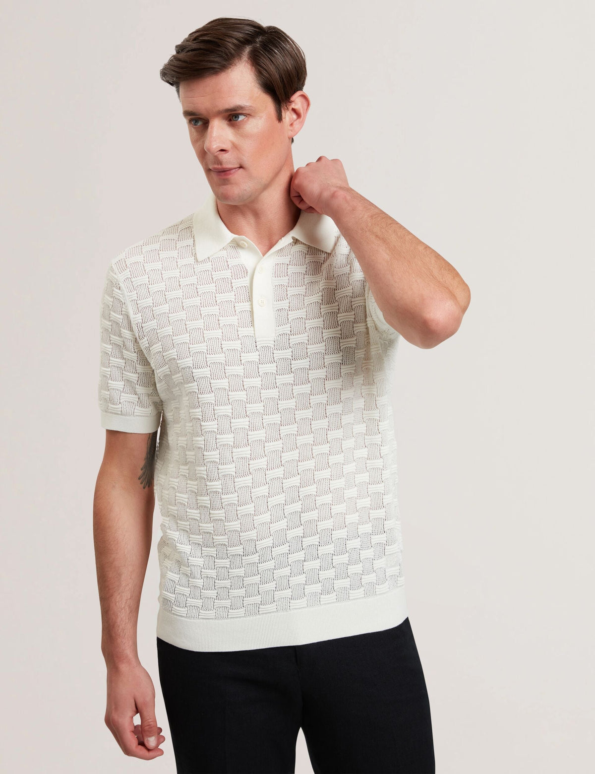 Men WATERBY - White Textured Knit Silk Cotton Polo Shirt - Ted Baker