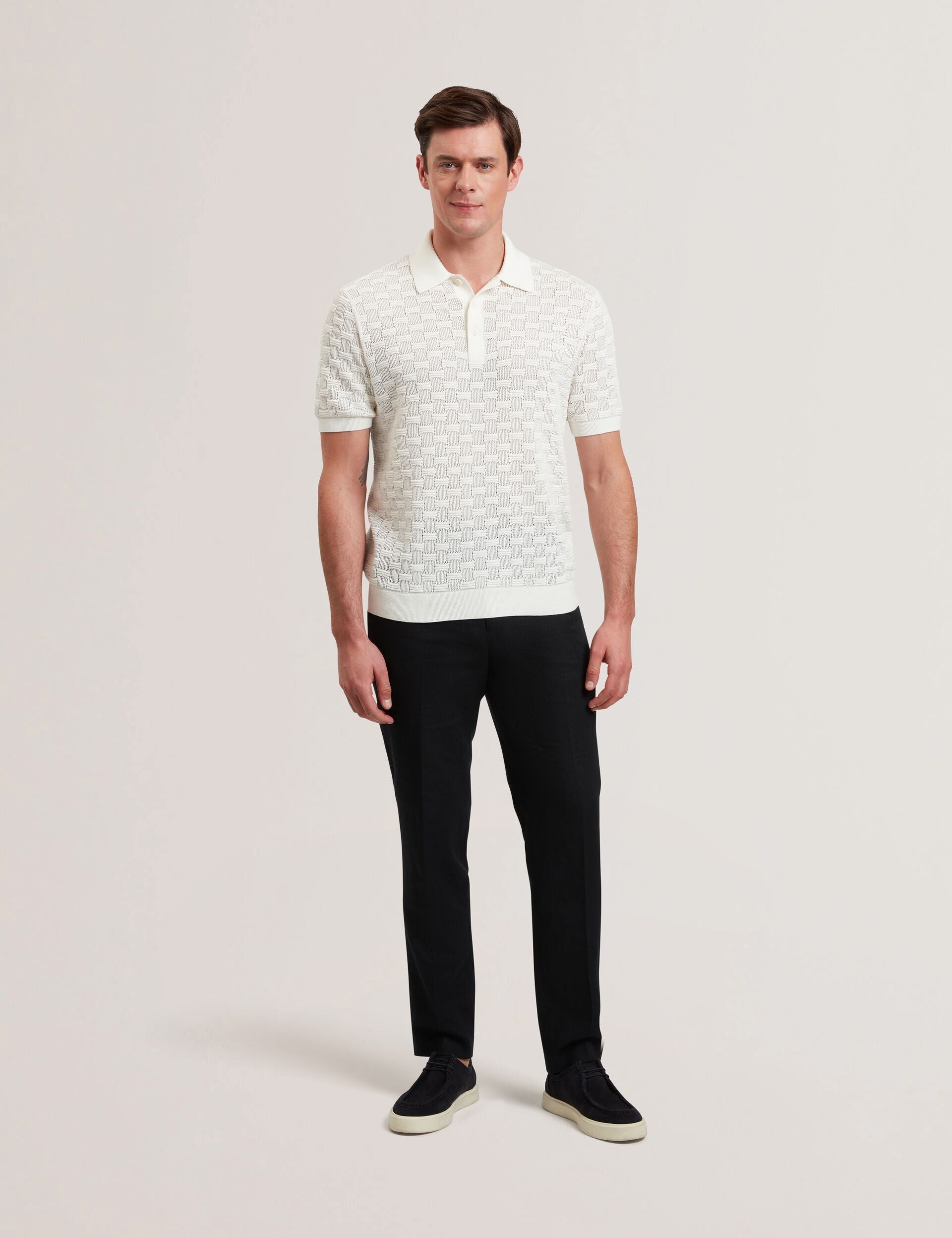 Men WATERBY - White Textured Knit Silk Cotton Polo Shirt - Ted Baker