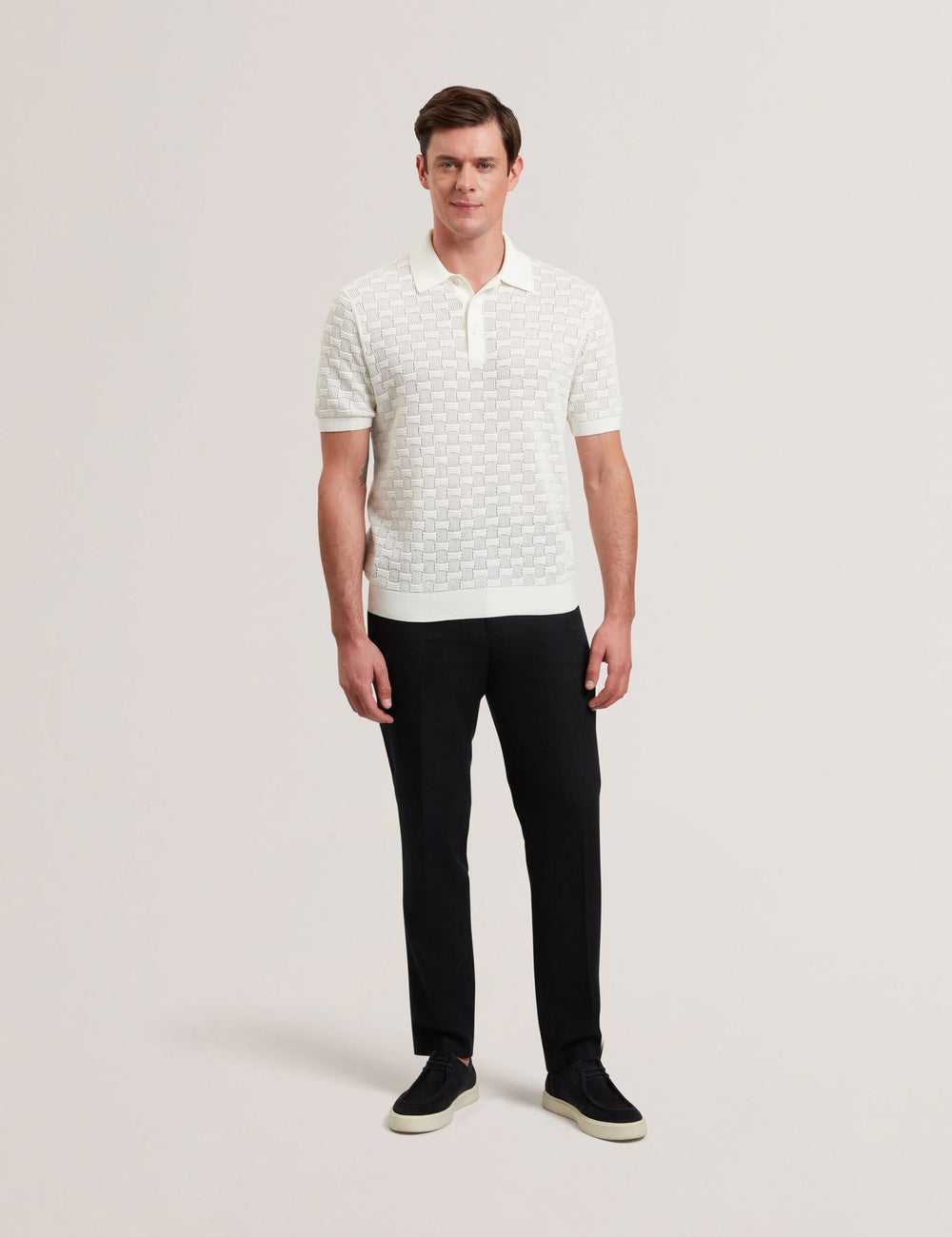 Men WATERBY - White Textured Knit Silk Cotton Polo Shirt - Ted Baker