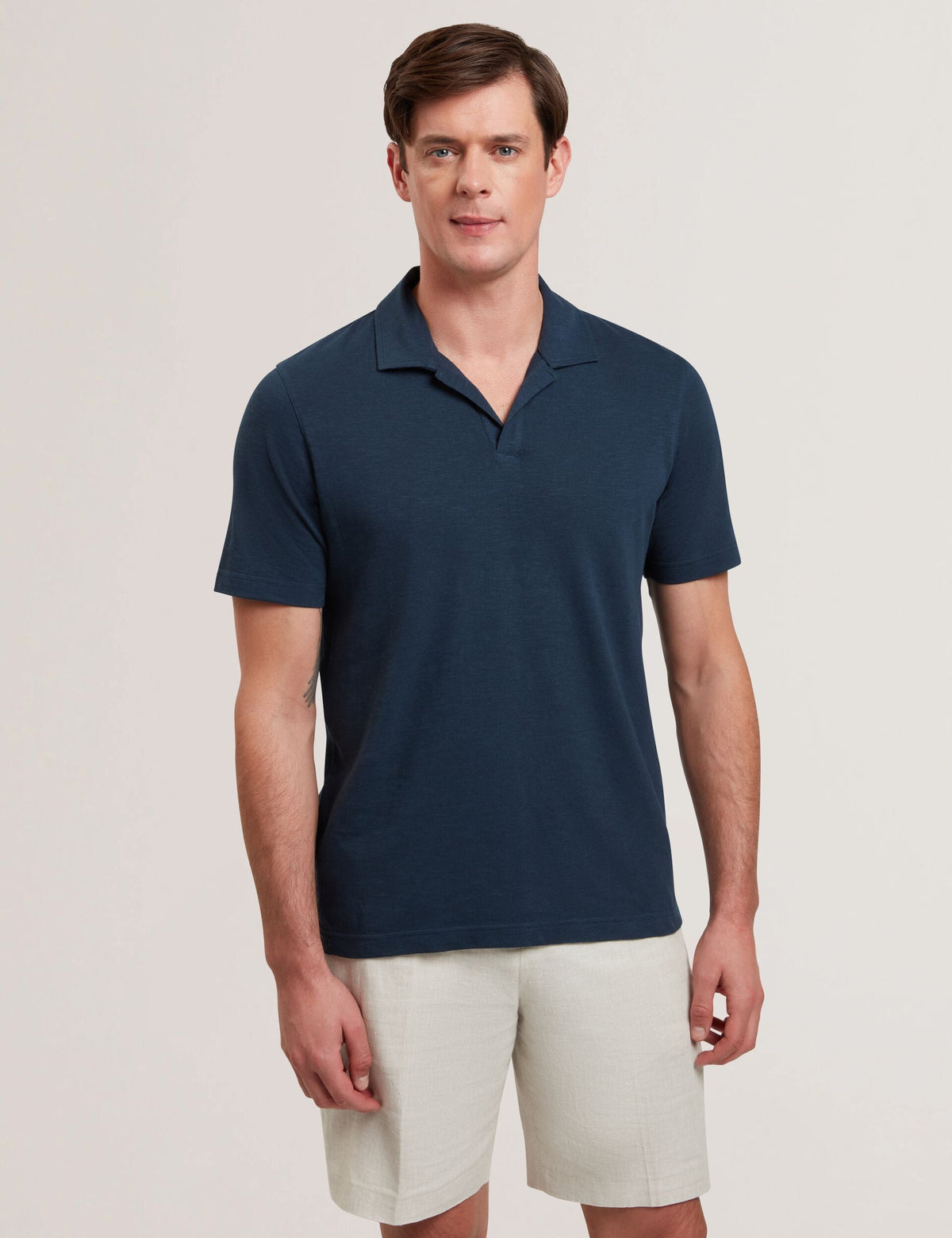 Men ANITO Open Neck Cotton Linen Polo Shirt - Ted Baker