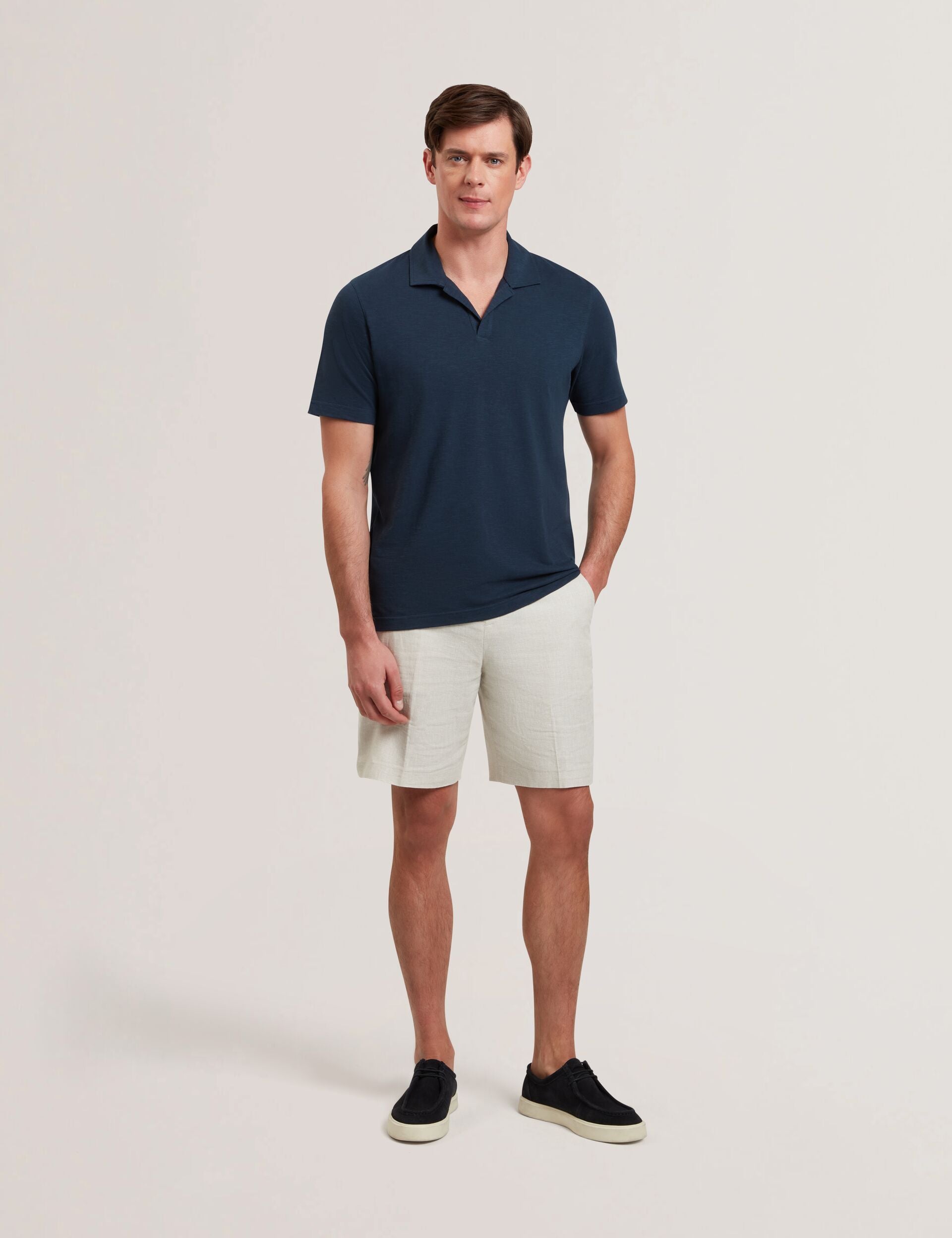 Men ANITO Open Neck Cotton Linen Polo Shirt - Ted Baker