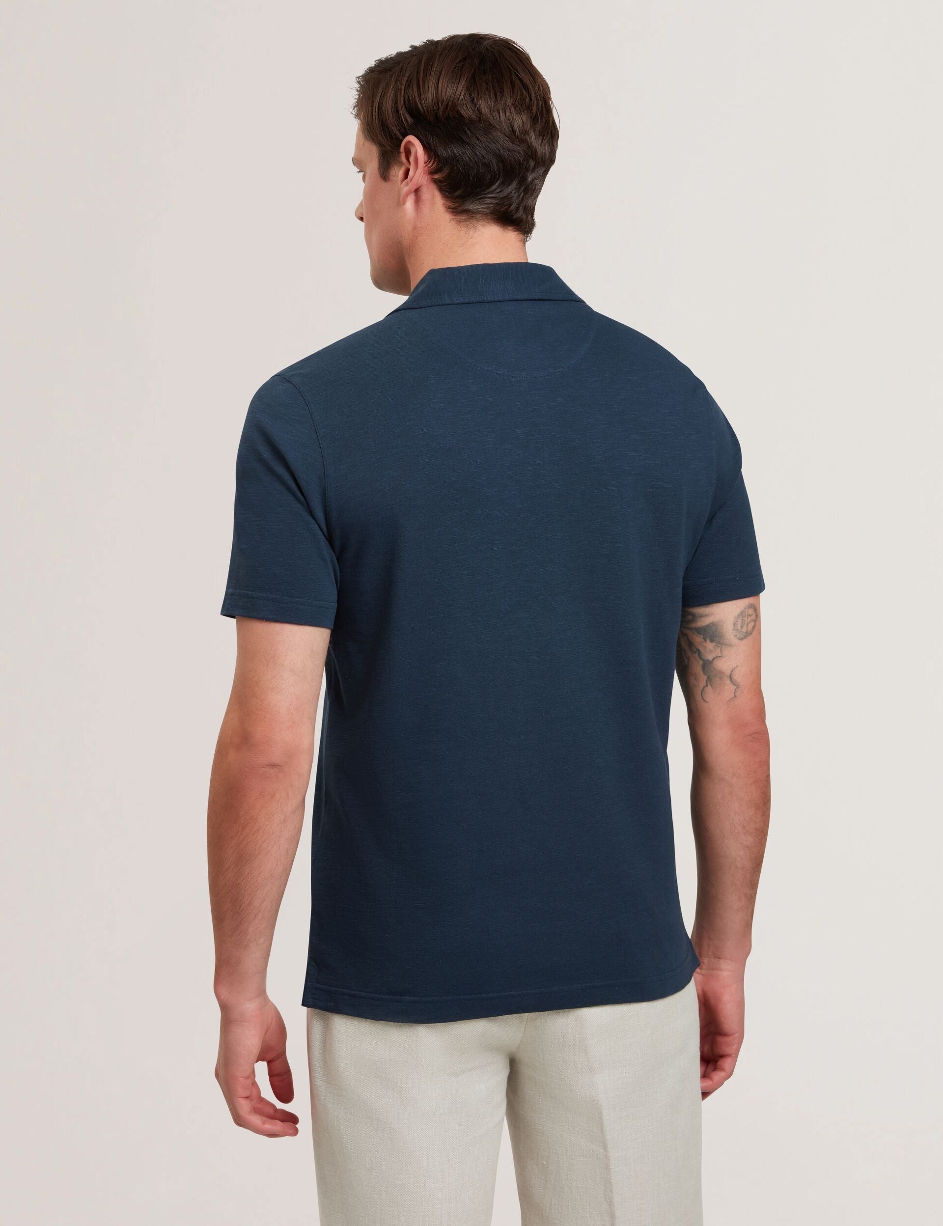 Men ANITO Open Neck Cotton Linen Polo Shirt - Ted Baker