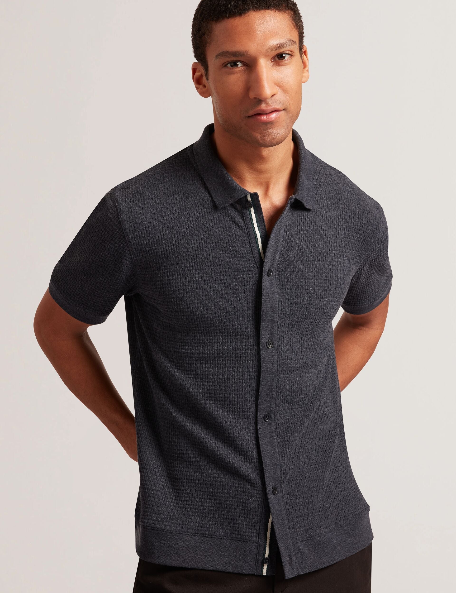 Men CONNYR Textured Knit Button-Through Polo Shirt in Navy - Ted Baker