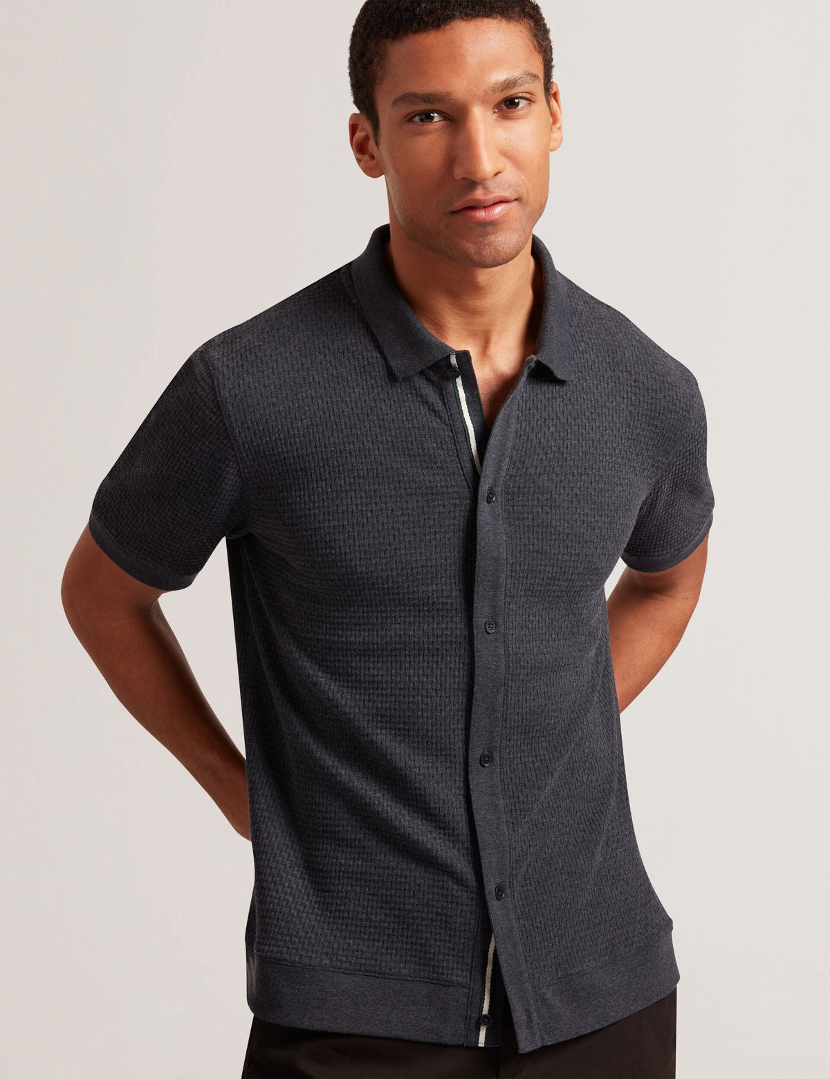 Men CONNYR Textured Knit Button-Through Polo Shirt in Navy - Ted Baker
