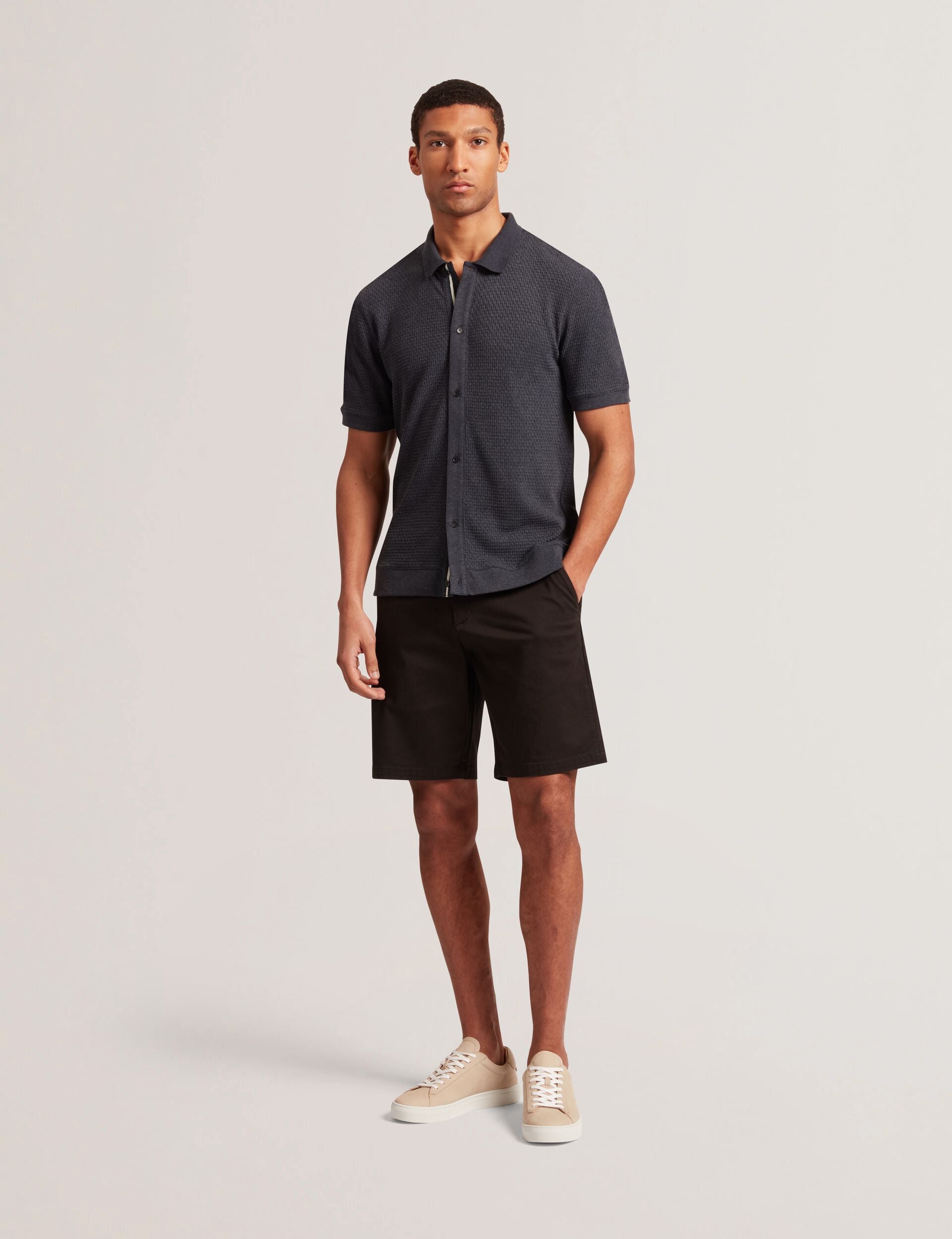 Men CONNYR Textured Knit Button-Through Polo Shirt in Navy - Ted Baker