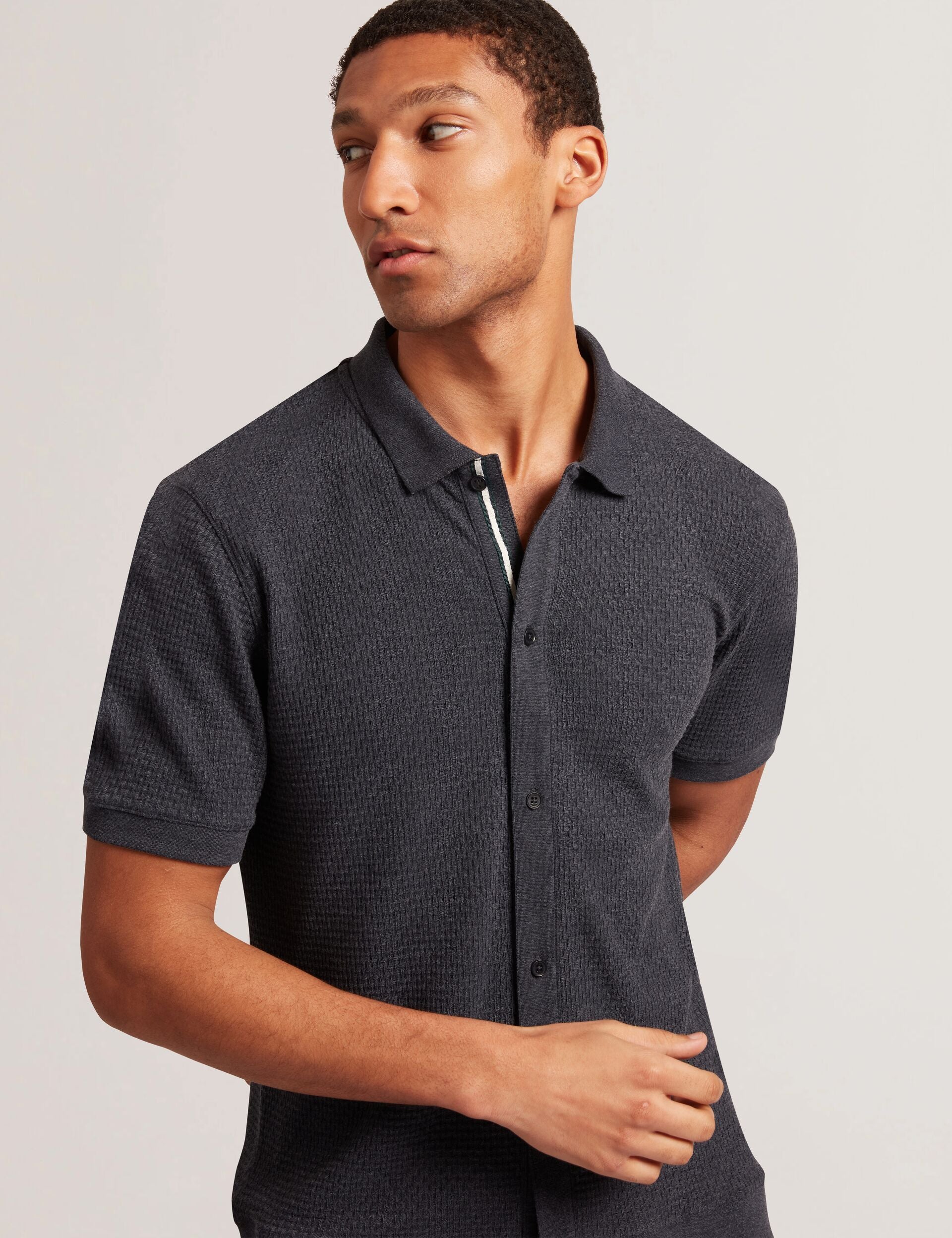 Men CONNYR Textured Knit Button-Through Polo Shirt in Navy - Ted Baker