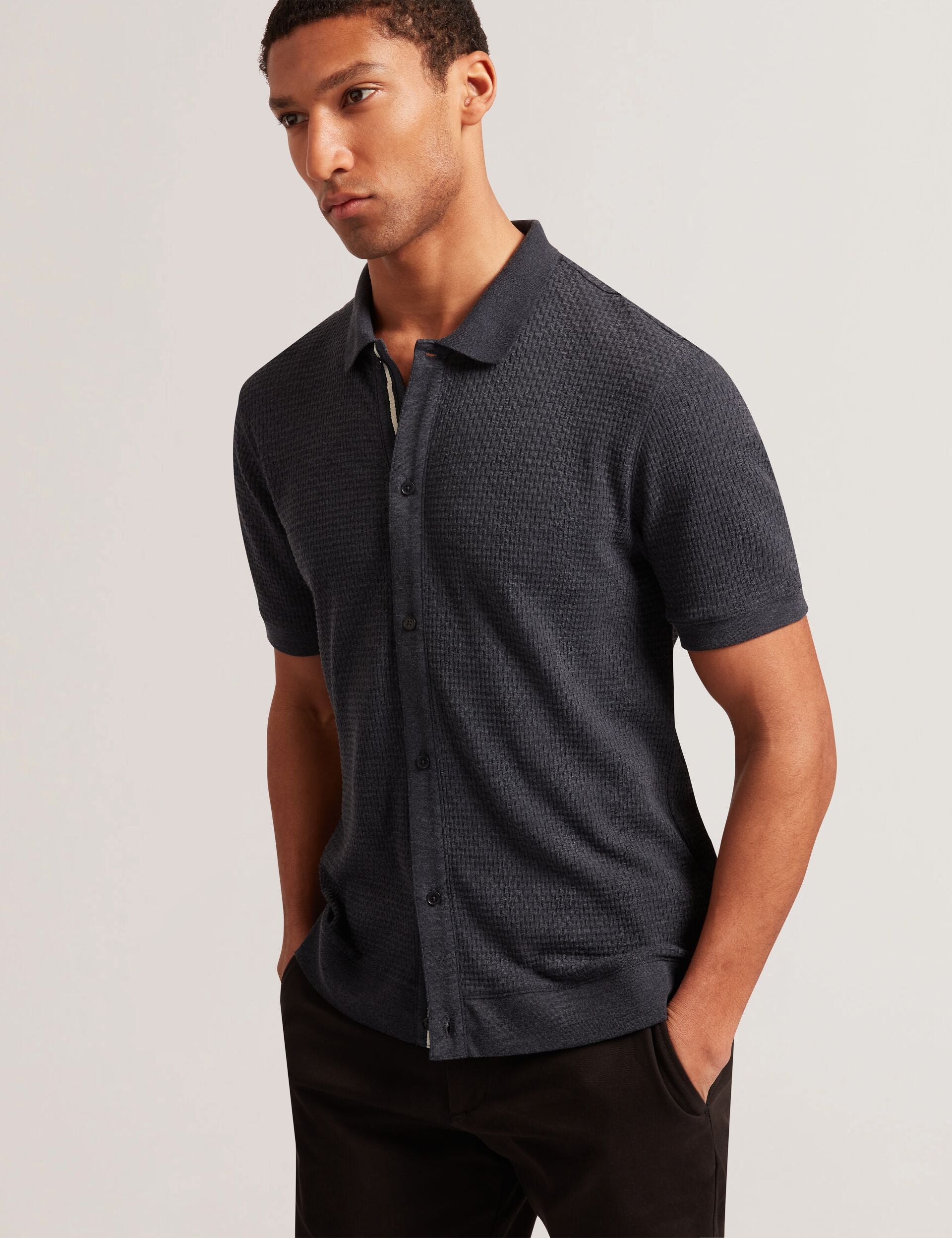 Men CONNYR Textured Knit Button-Through Polo Shirt in Navy - Ted Baker