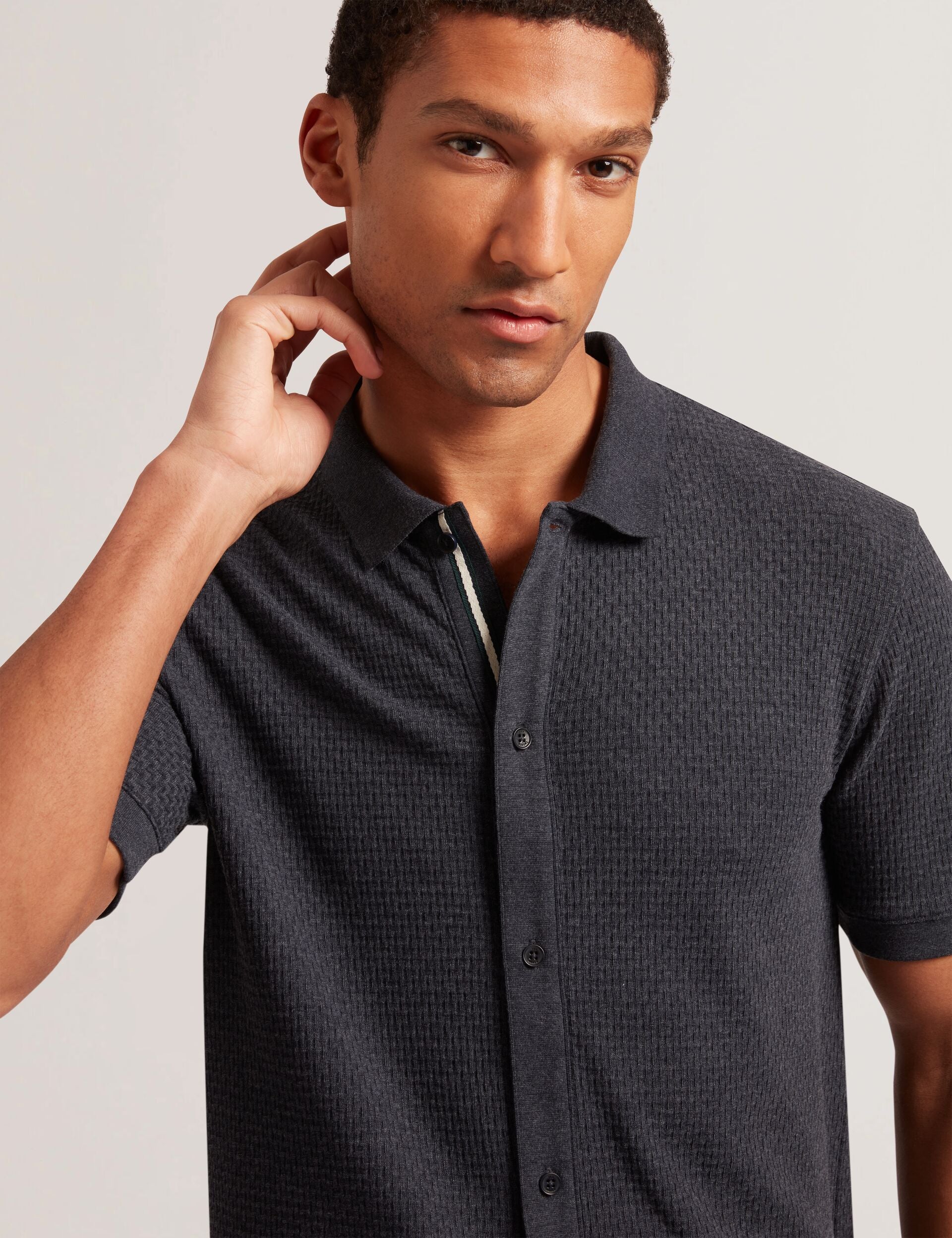 Men CONNYR Textured Knit Button-Through Polo Shirt in Navy - Ted Baker
