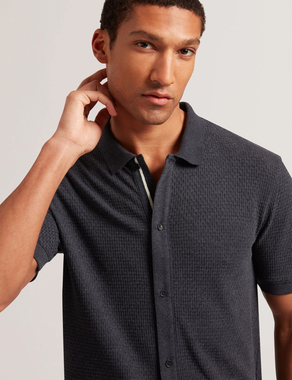 Men CONNYR Textured Knit Button-Through Polo Shirt in Navy - Ted Baker