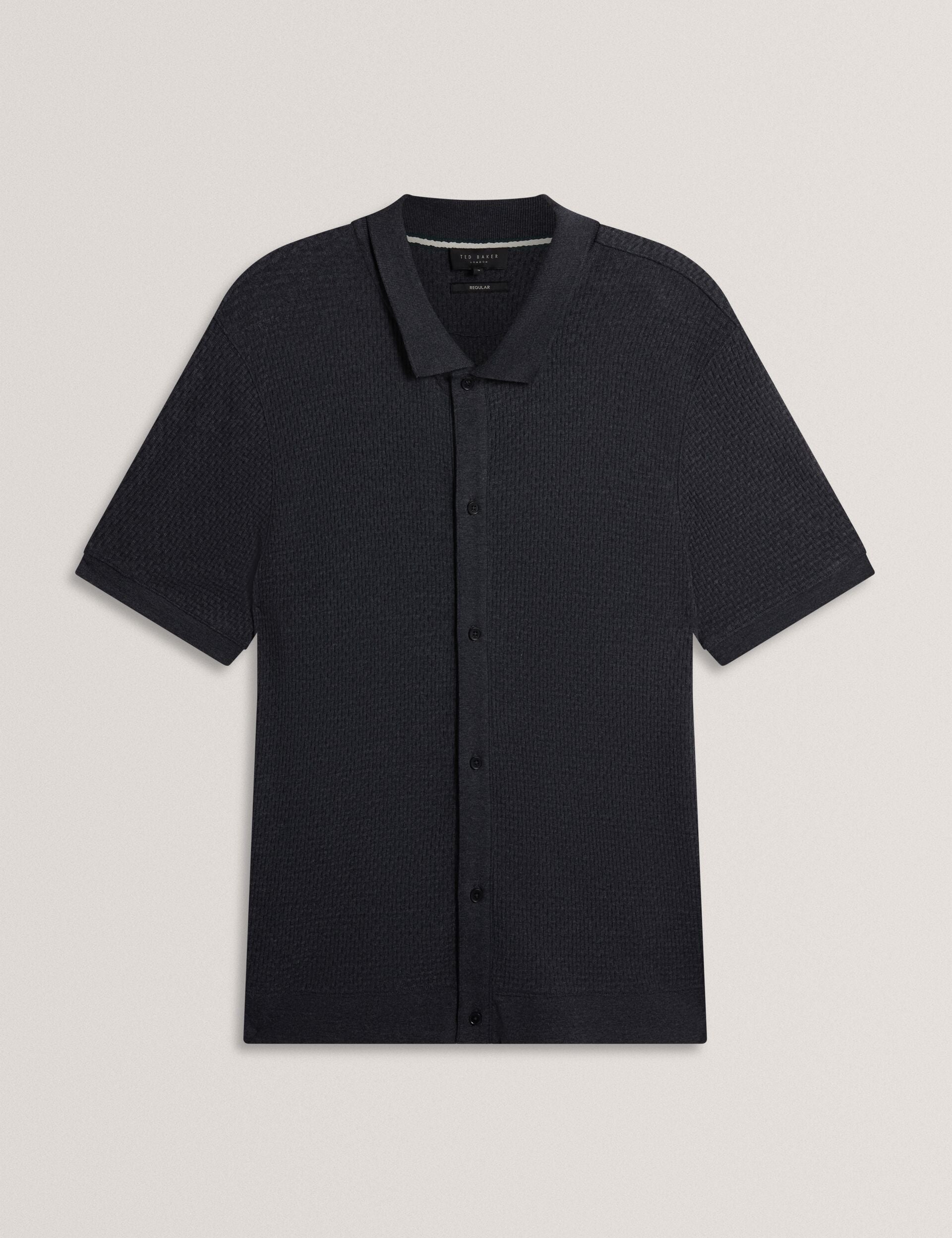 Men CONNYR Textured Knit Button-Through Polo Shirt in Navy - Ted Baker