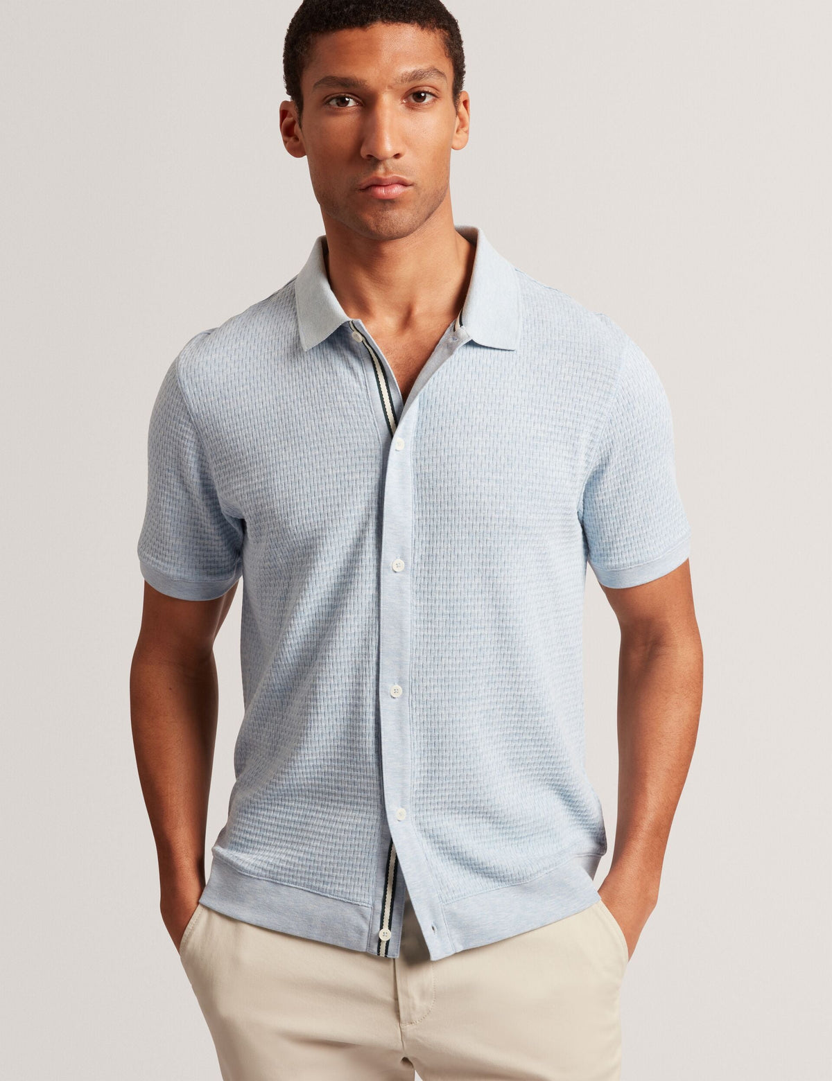 Men CONNYR Textured Knit Button-Through Polo Shirt in Mid Blue - Ted Baker