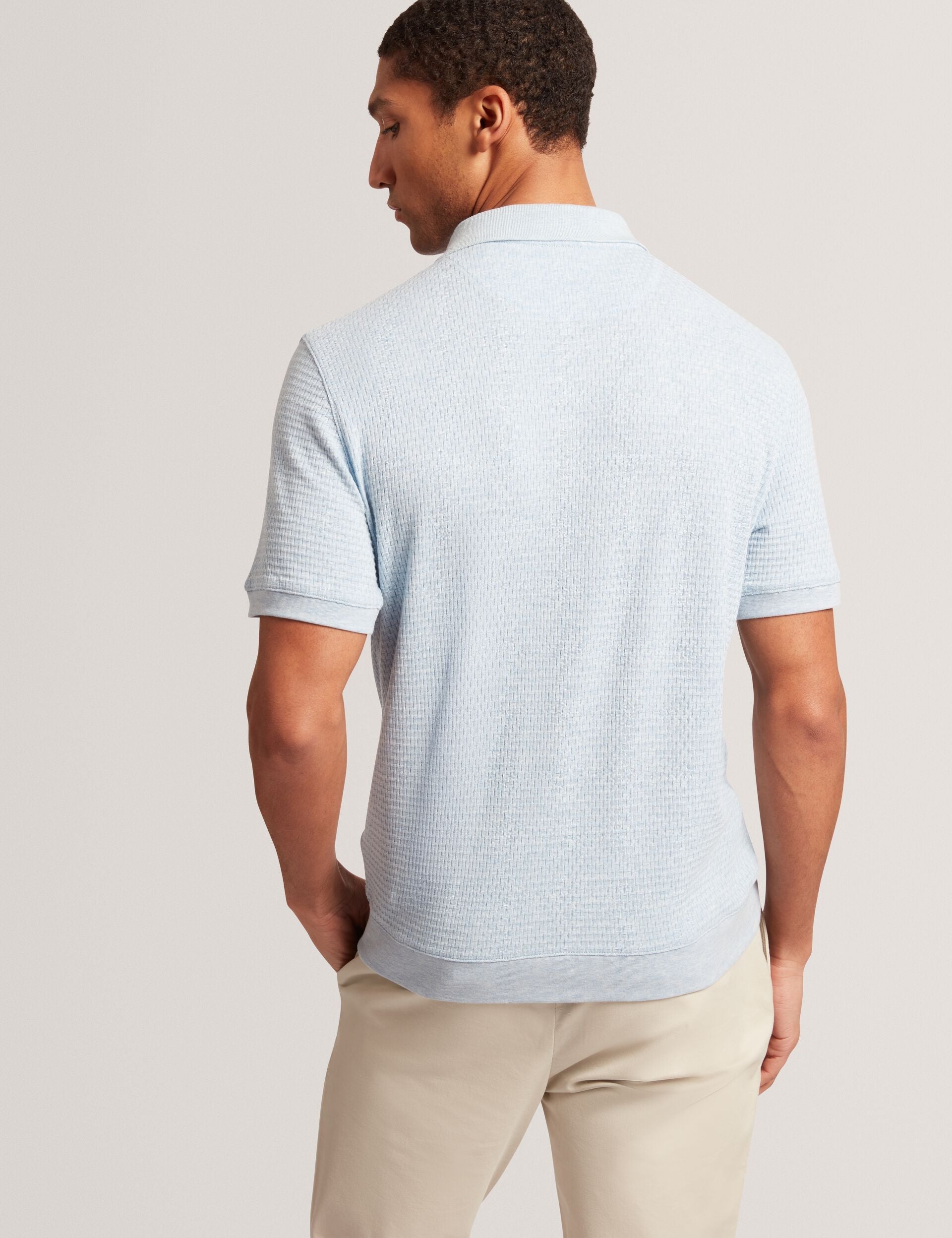 Men CONNYR Textured Knit Button-Through Polo Shirt in Mid Blue - Ted Baker