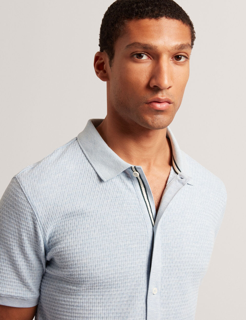 Men CONNYR Textured Knit Button-Through Polo Shirt in Mid Blue - Ted Baker