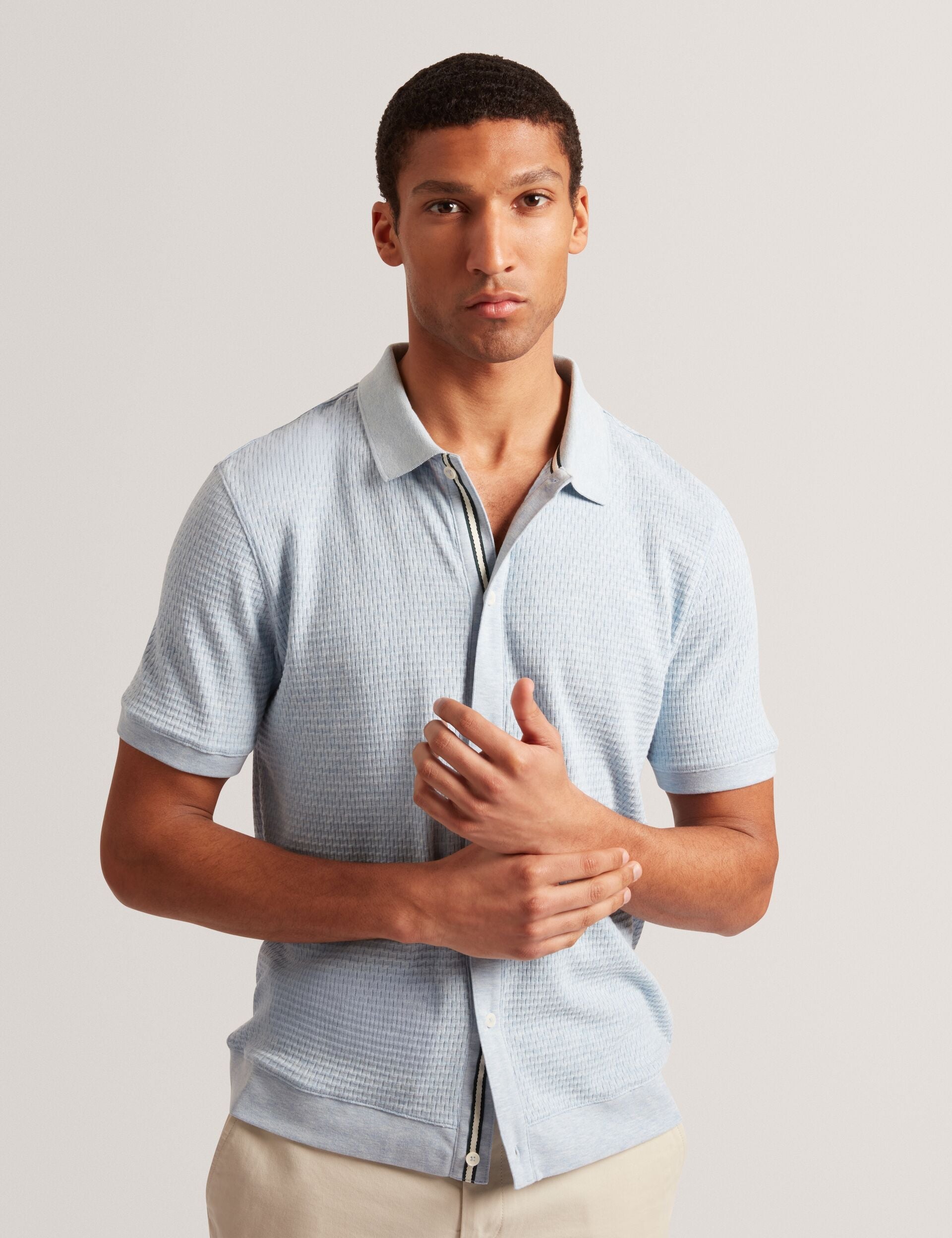 Men CONNYR Textured Knit Button-Through Polo Shirt in Mid Blue - Ted Baker
