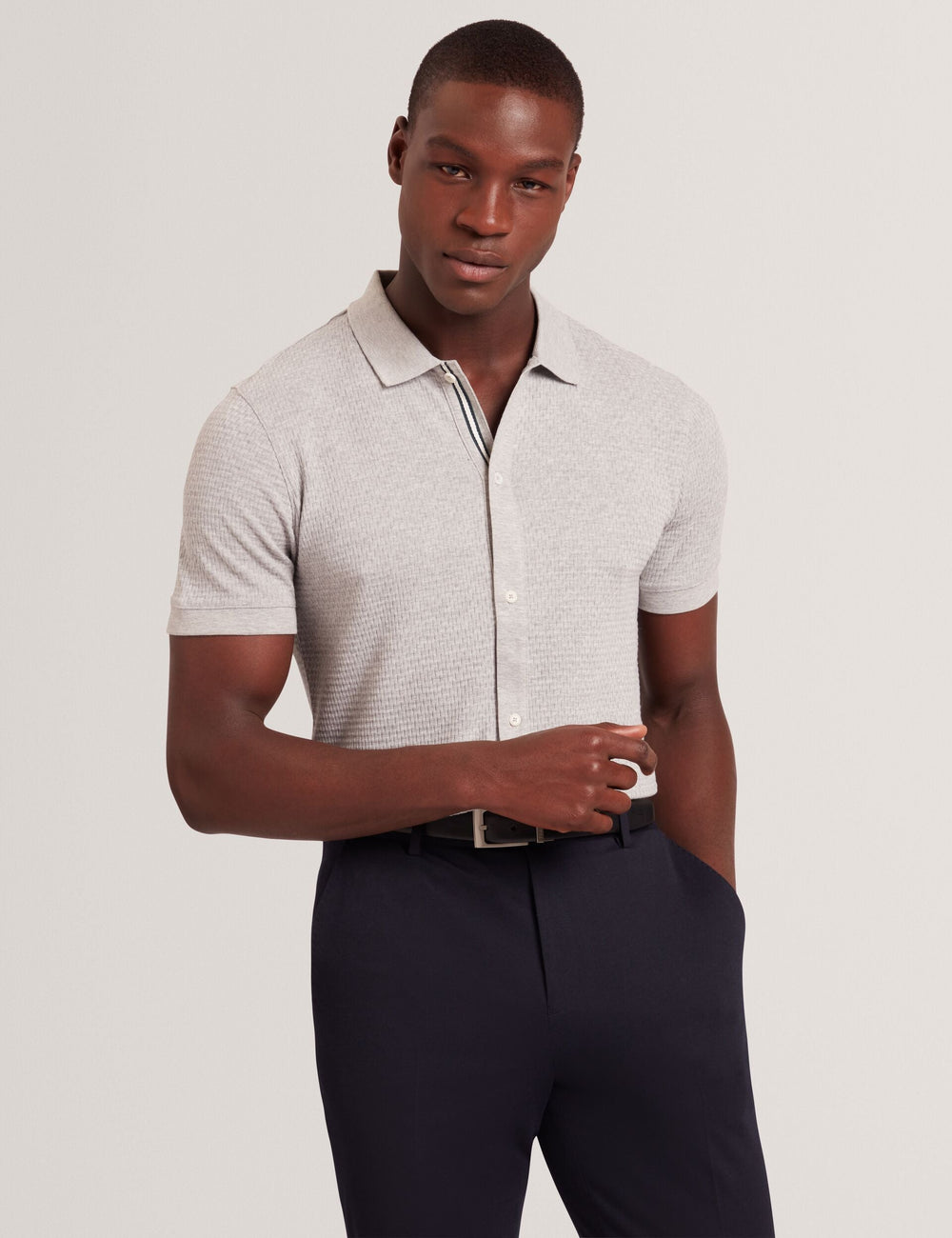 Men CONNYR Textured Knit Button-Through Polo Shirt in Light Grey - Ted Baker
