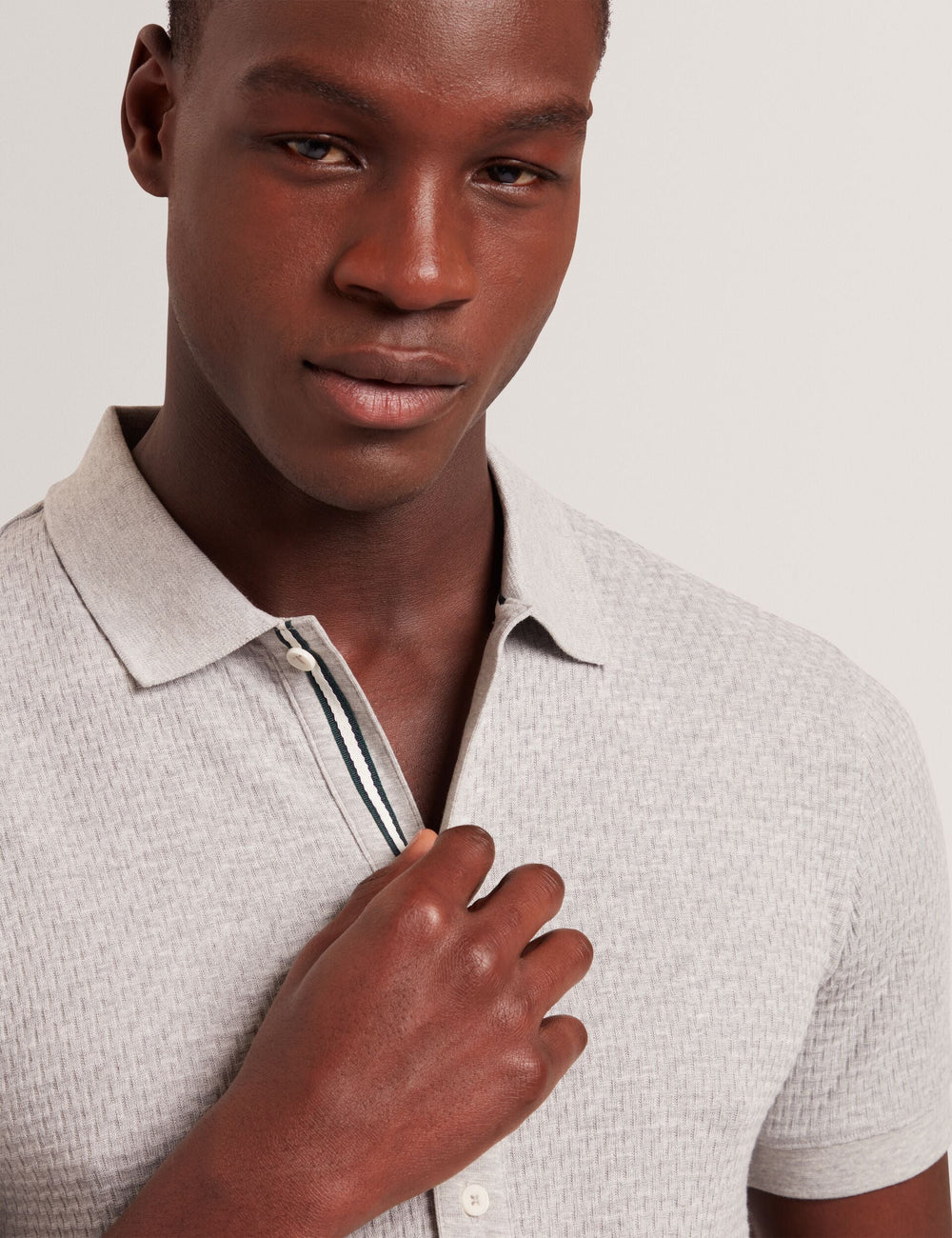 Men CONNYR Textured Knit Button-Through Polo Shirt in Light Grey - Ted Baker