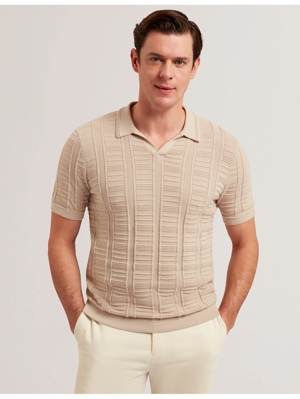 Men RUZZA - Textured Stripe Open Neck Knitted Polo Shirt - Ted Baker
