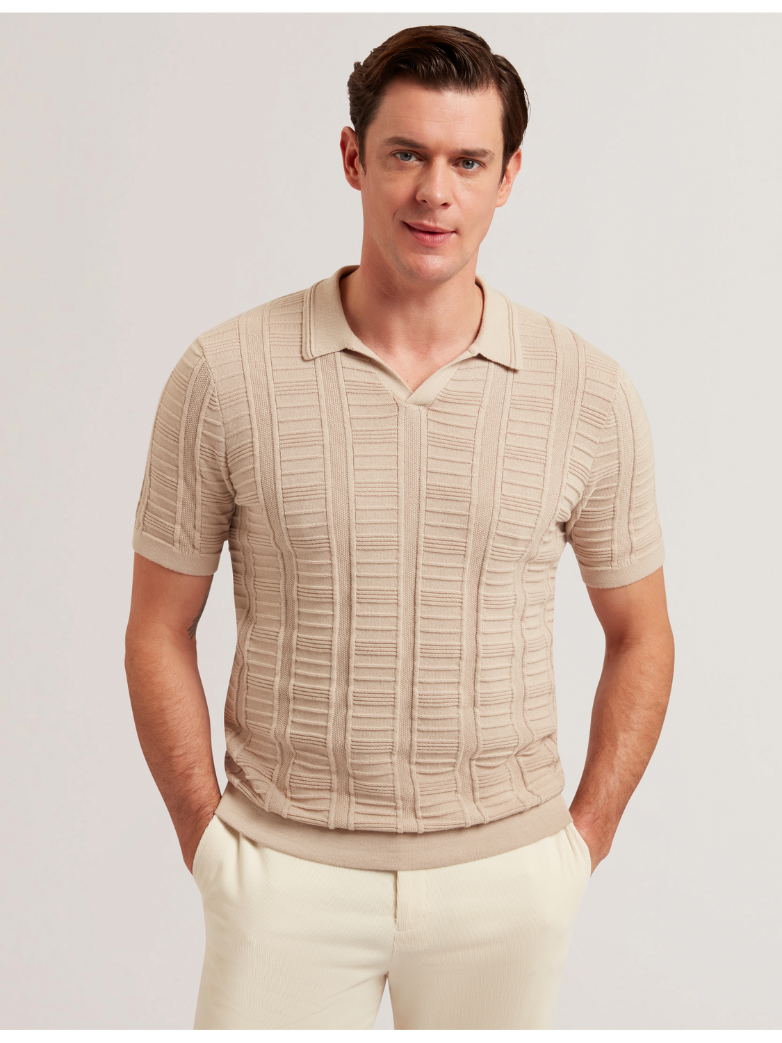Men RUZZA - Textured Stripe Open Neck Knitted Polo Shirt - Ted Baker