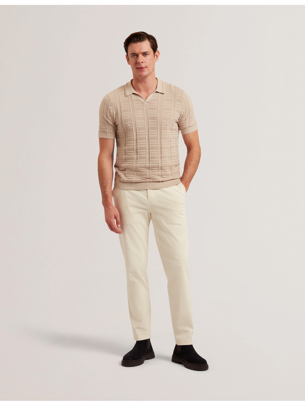 Men RUZZA - Textured Stripe Open Neck Knitted Polo Shirt - Ted Baker