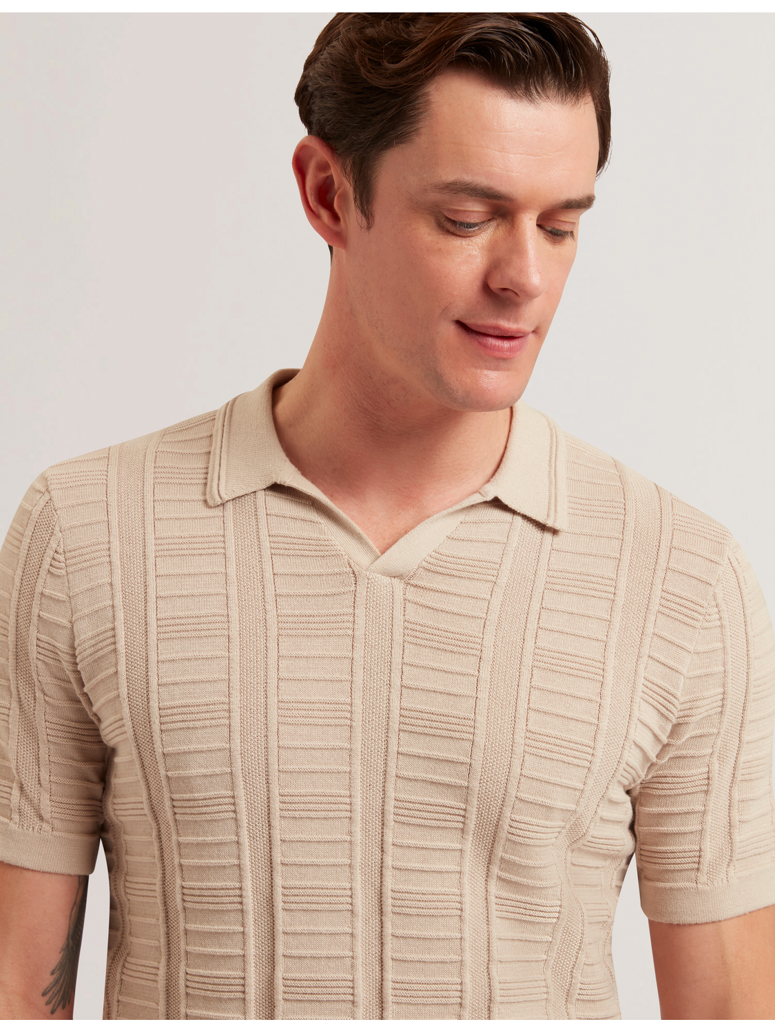 Men RUZZA - Textured Stripe Open Neck Knitted Polo Shirt - Ted Baker