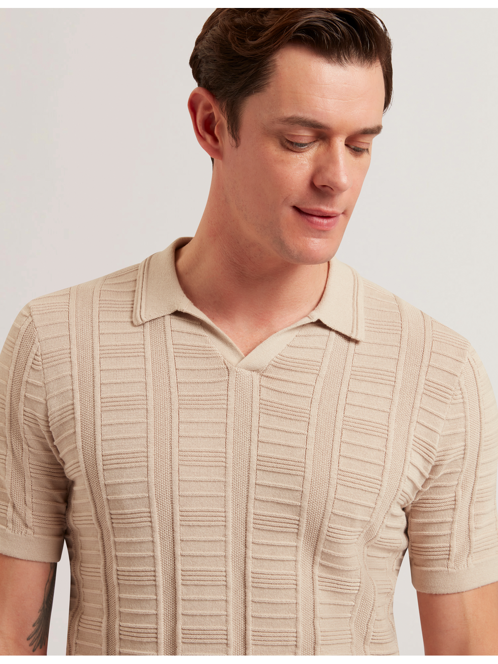 Men RUZZA - Textured Stripe Open Neck Knitted Polo Shirt - Ted Baker