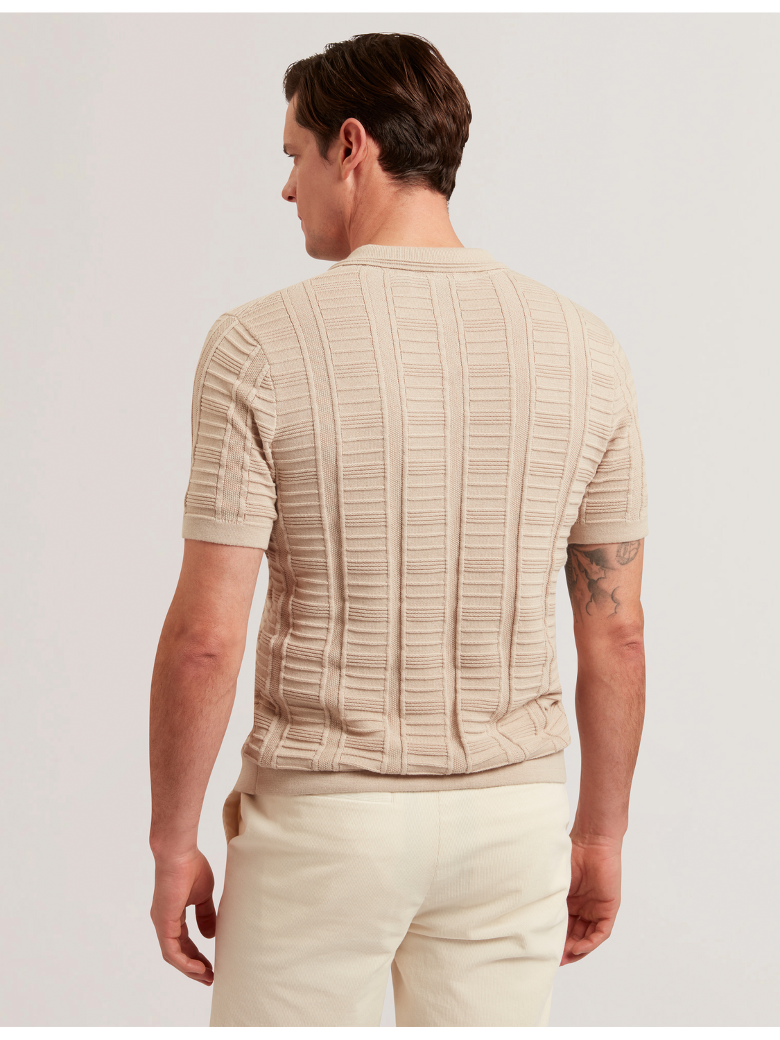 Men RUZZA - Textured Stripe Open Neck Knitted Polo Shirt - Ted Baker