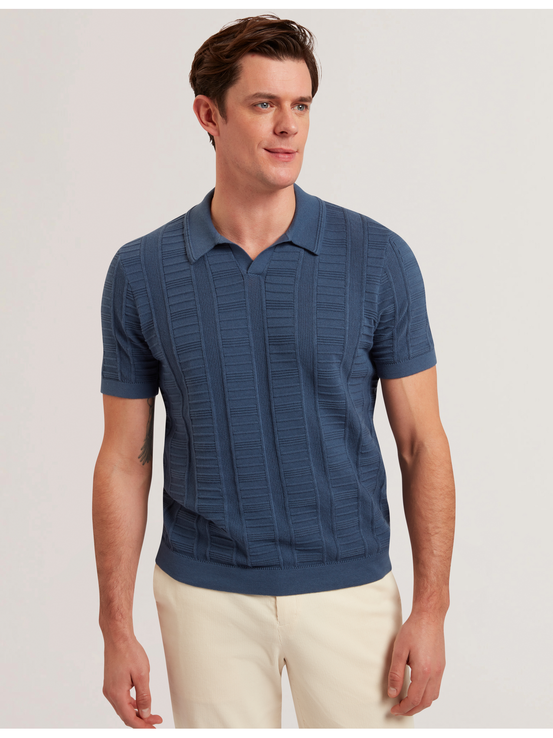 Men RUZZA - Textured Stripe Open Neck Knitted Polo Shirt - Ted Baker